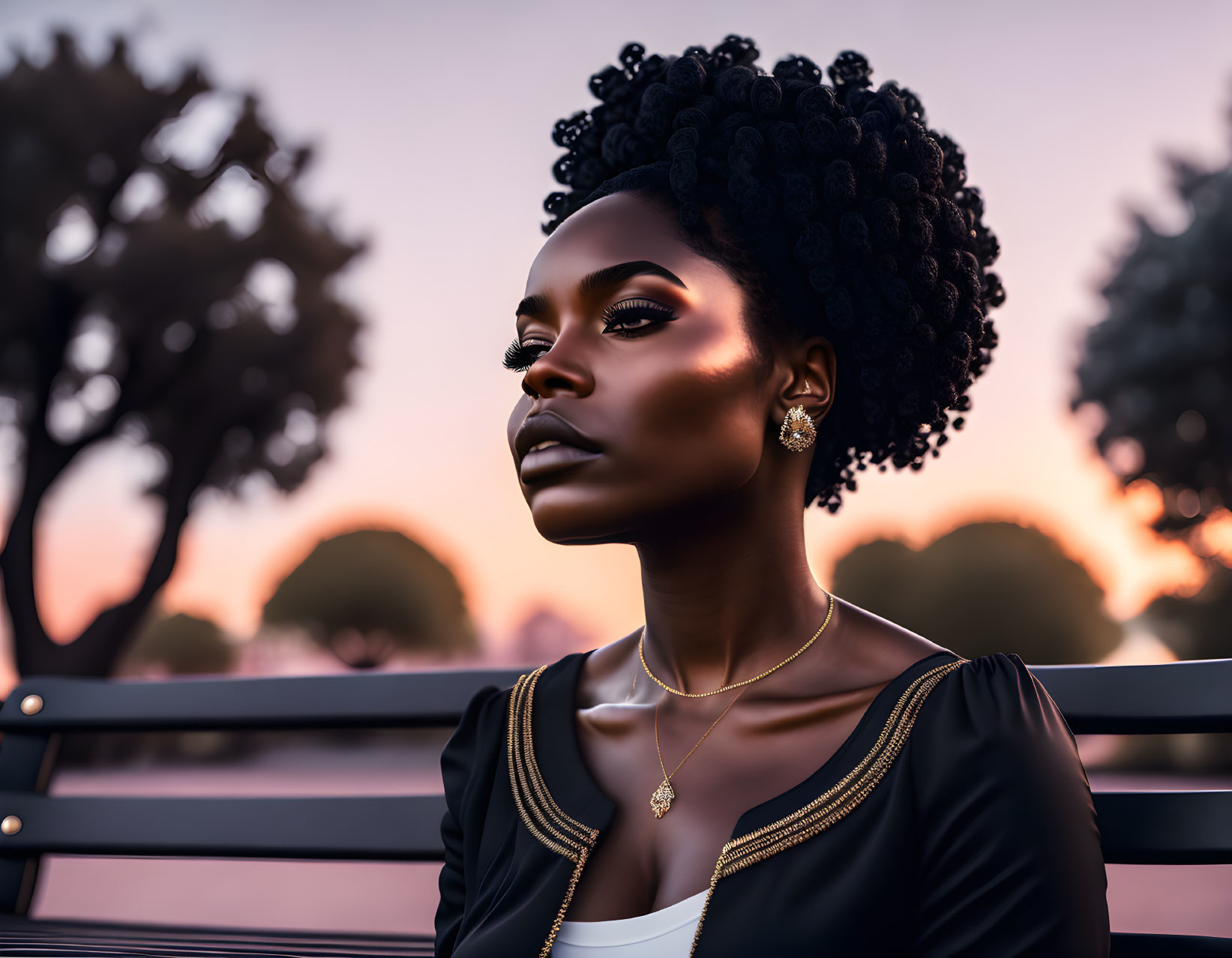 Woman with Afro Hairstyle on Bench at Dusk with Silhouetted Trees