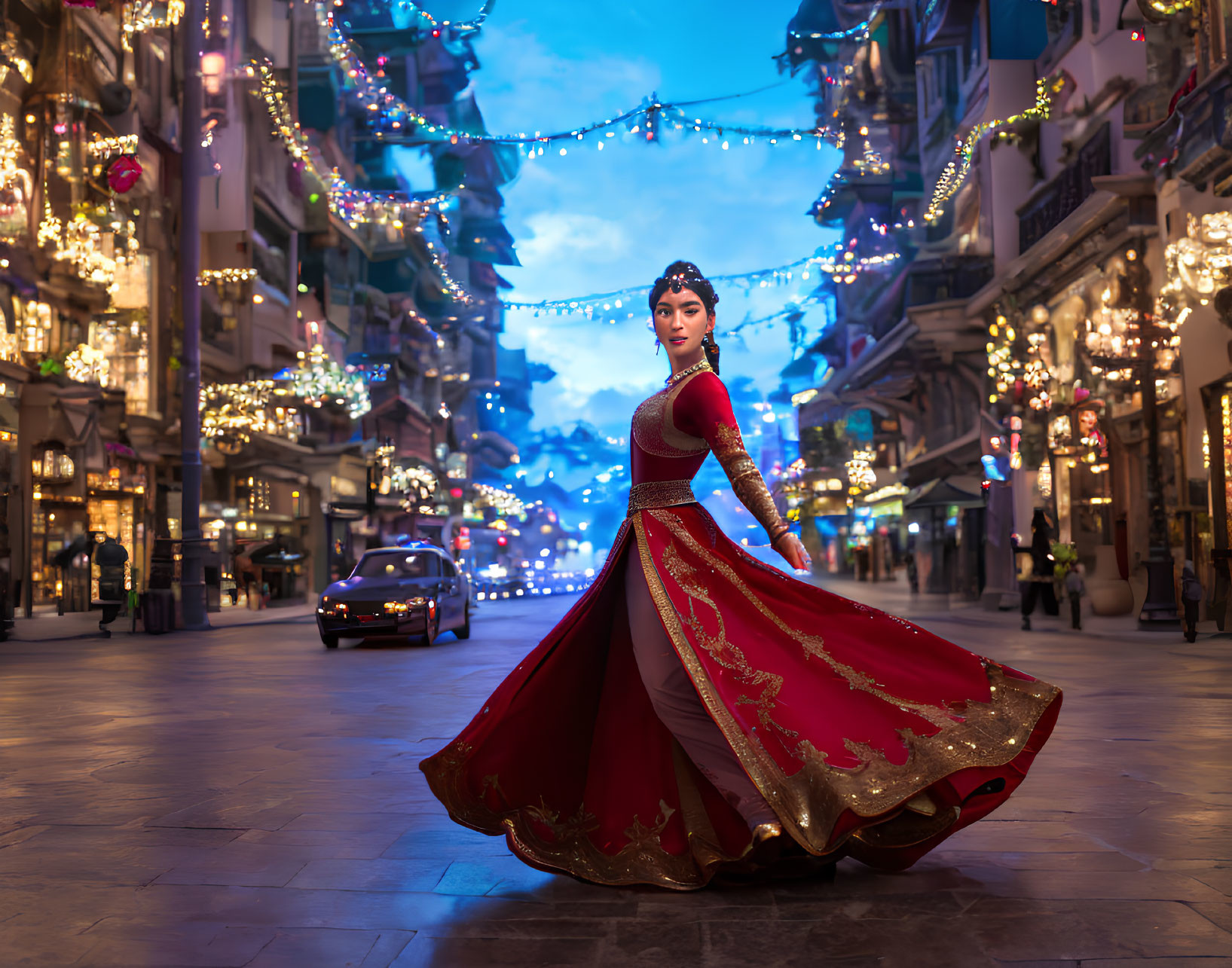 Red and Gold Dress Animated Character in Festive Street Scene