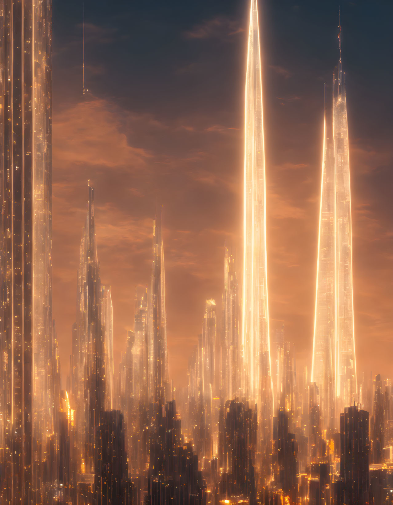 Futuristic cityscape with towering skyscrapers and warm golden light