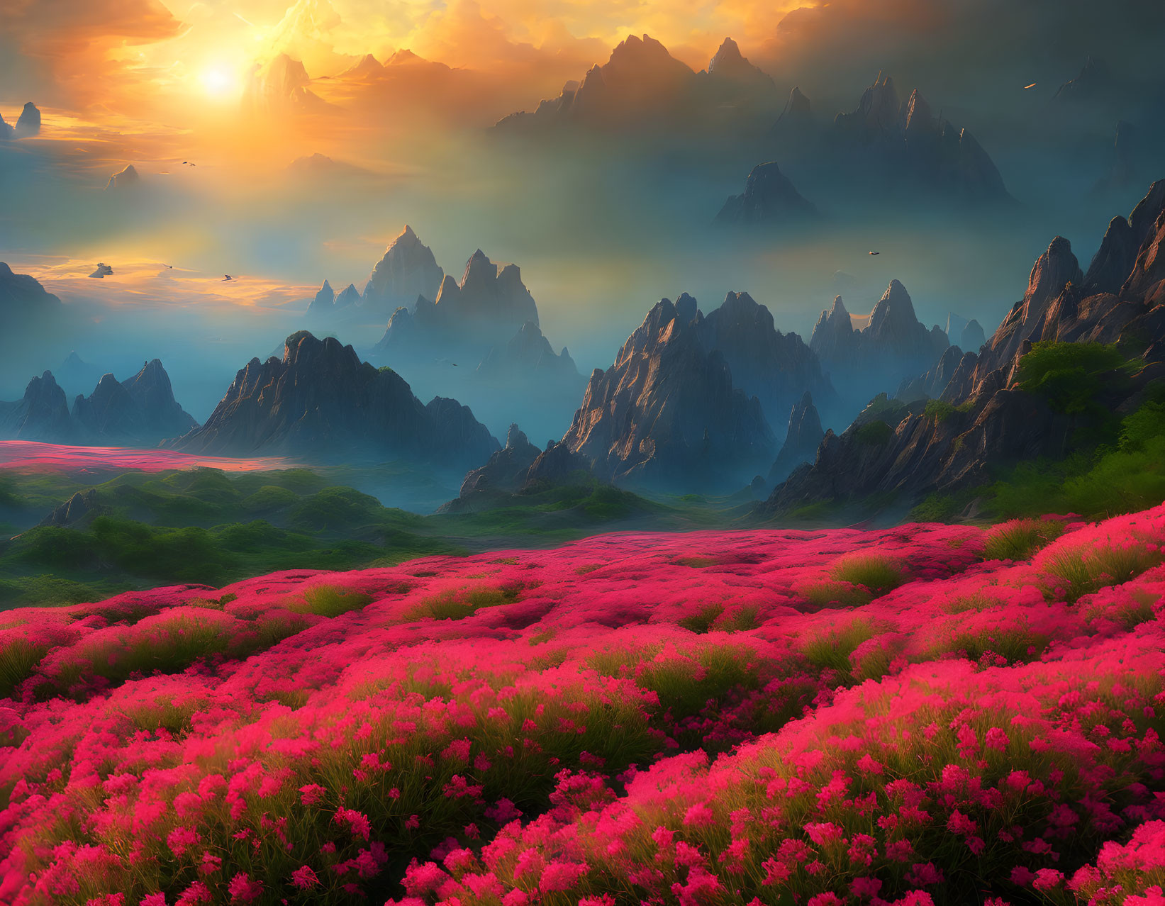 Scenic landscape: pink flower field, rocky peaks, warm sunset