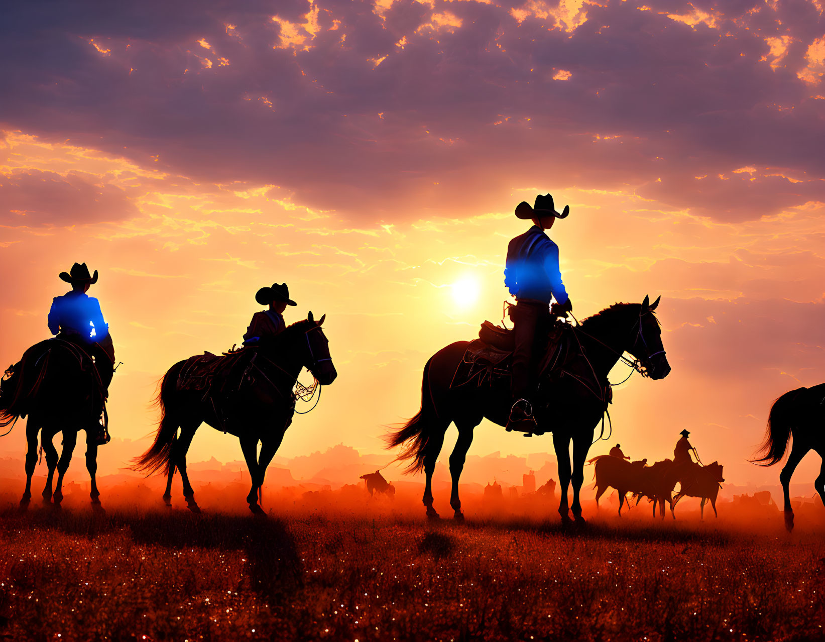 Cowboys on Horseback Silhouetted Against Vibrant Sunset