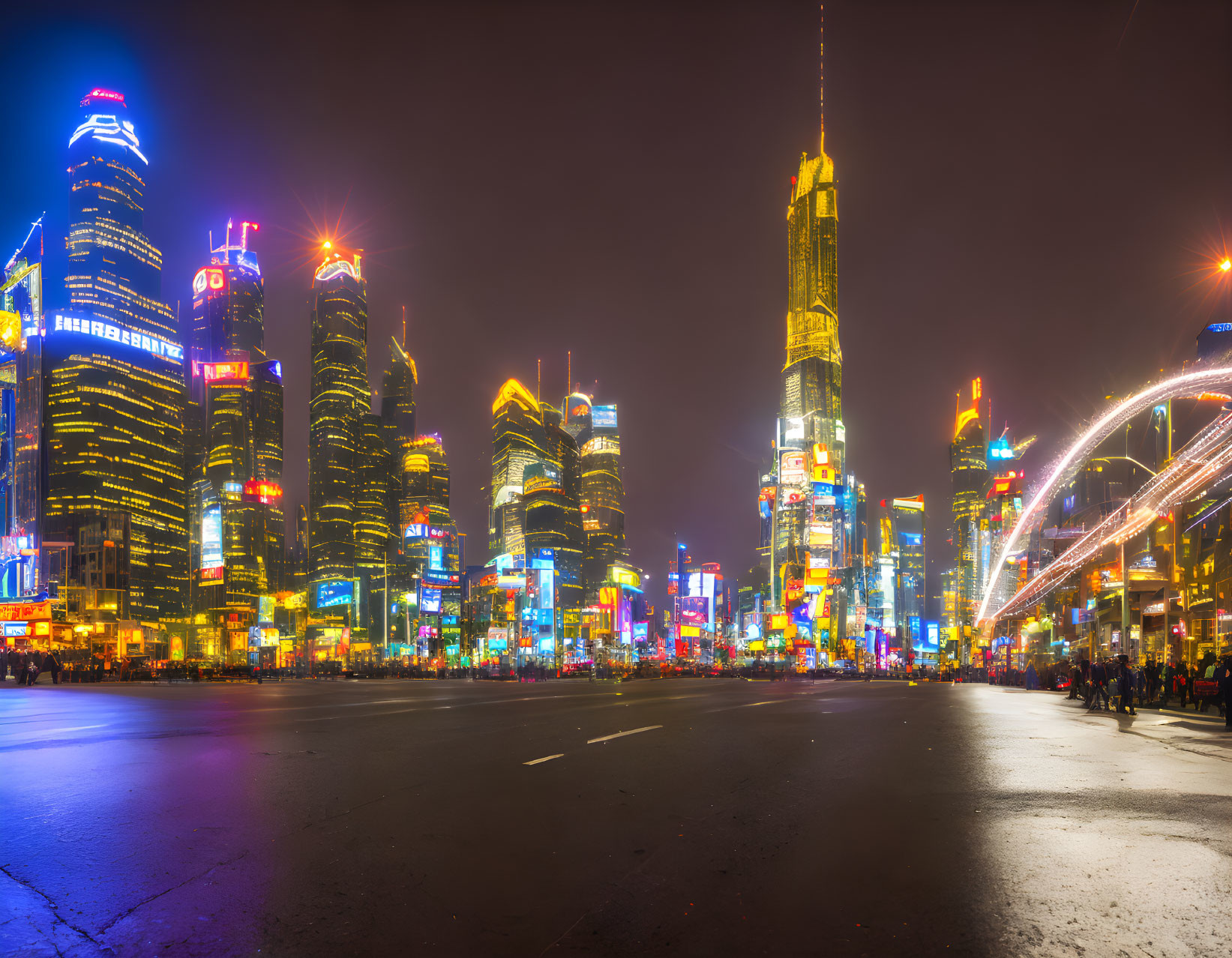 Vibrant night cityscape with neon-lit skyscrapers