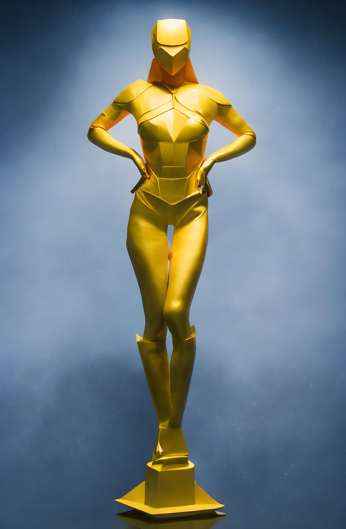 Golden humanoid statue on blue background with hands on hips