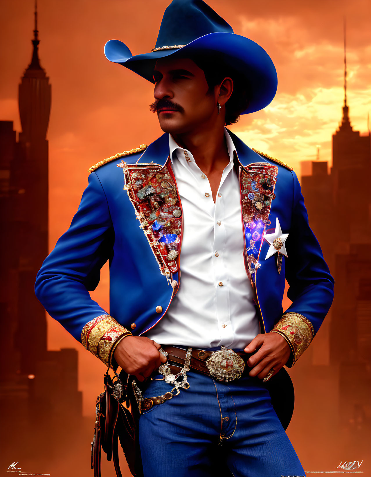 Man in ornate blue cowboy costume against orange cityscape.