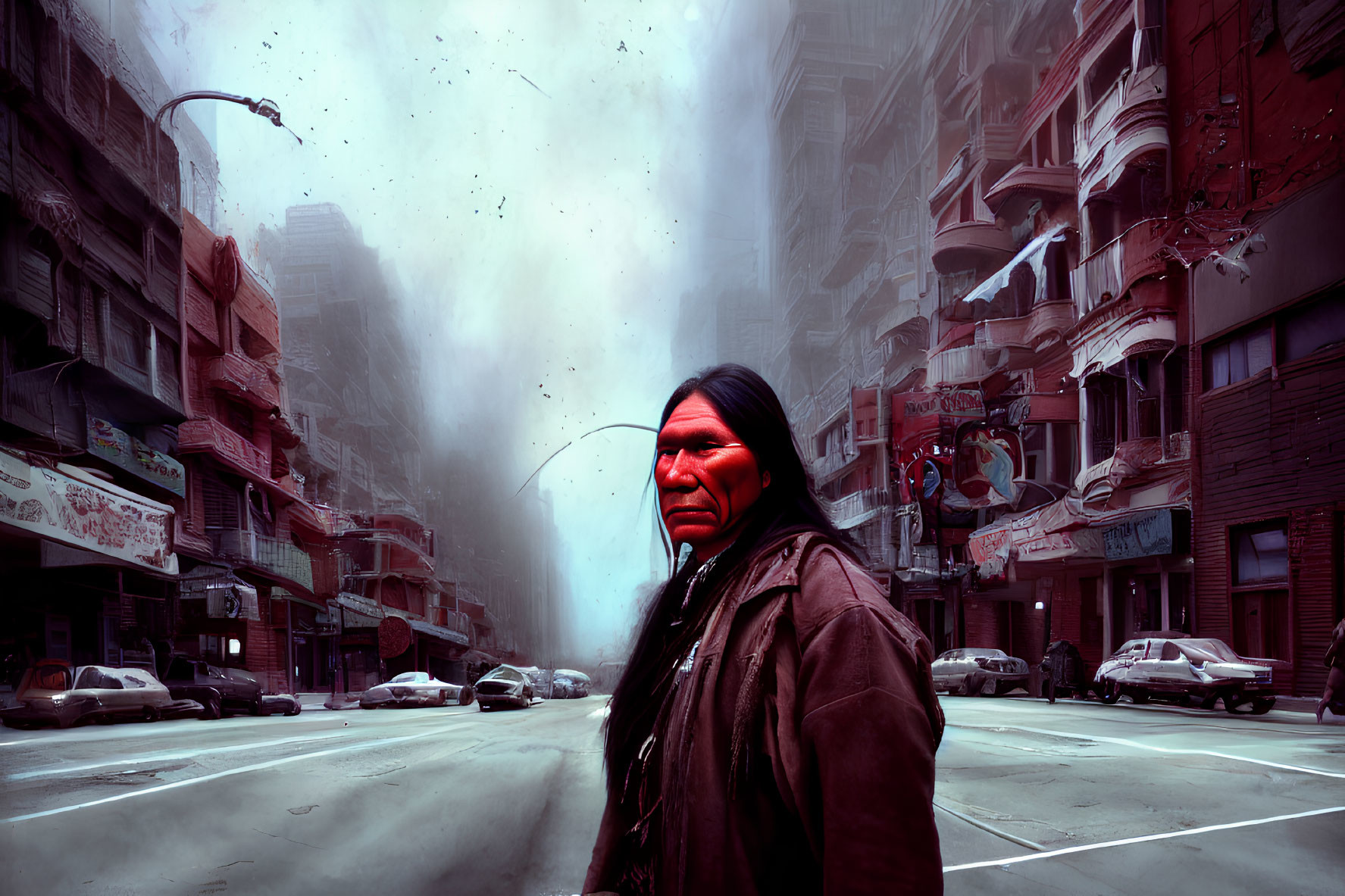 Person with red face paint in desolate city street with abandoned cars and ominous buildings.