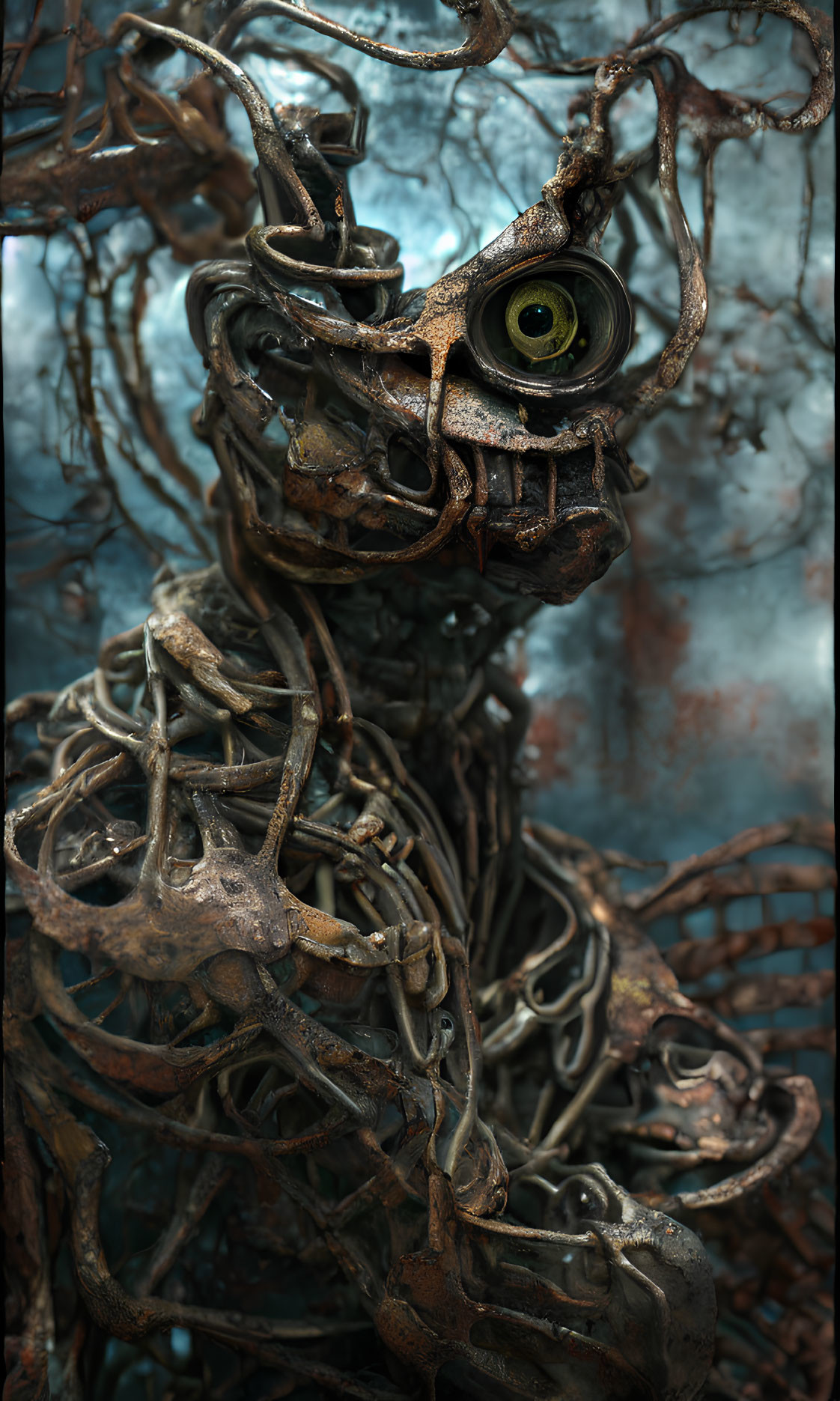 Intricate robotic figure with large eye amid metallic branches and wires