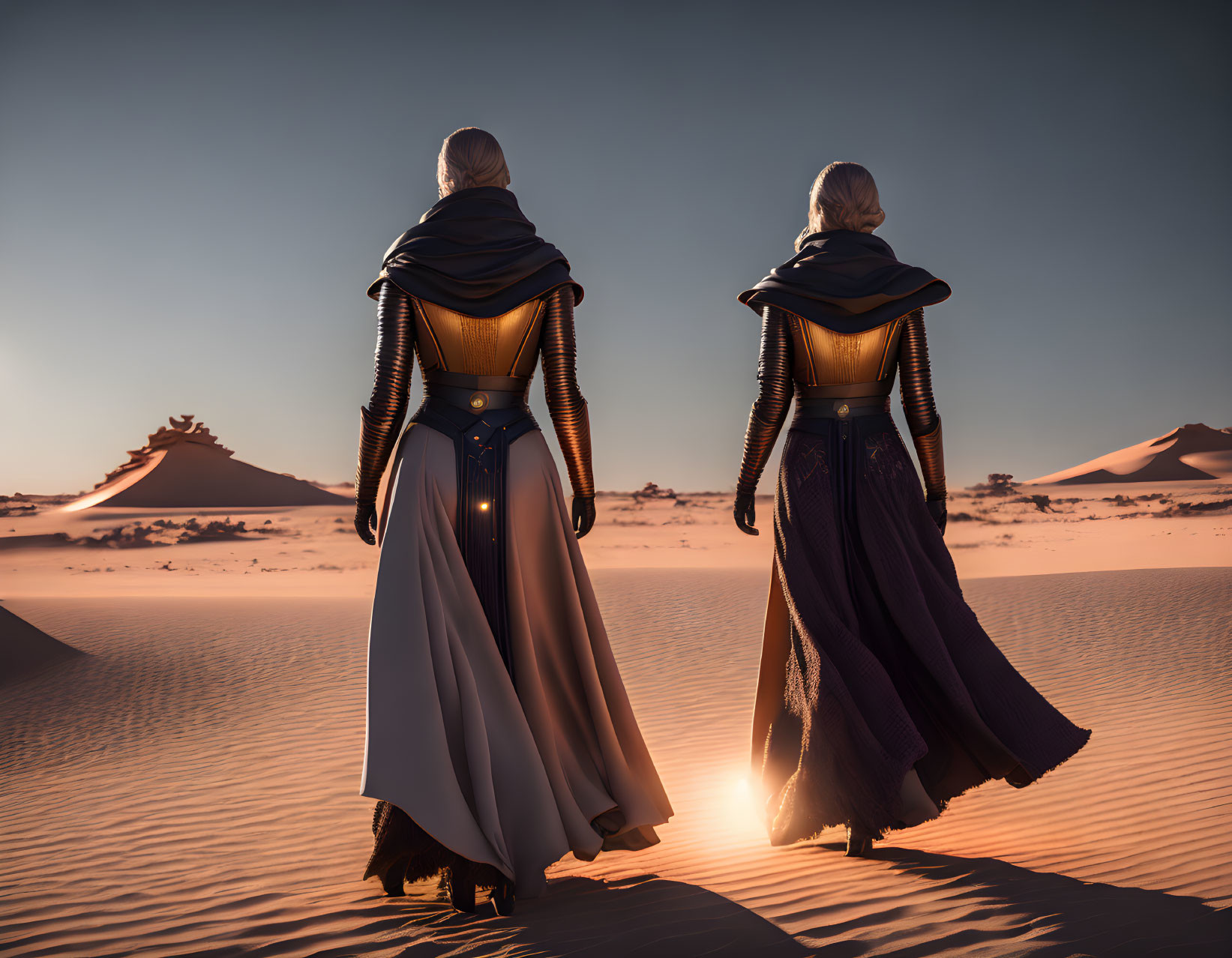 Two people in futuristic desert outfits on sand dunes at sunset