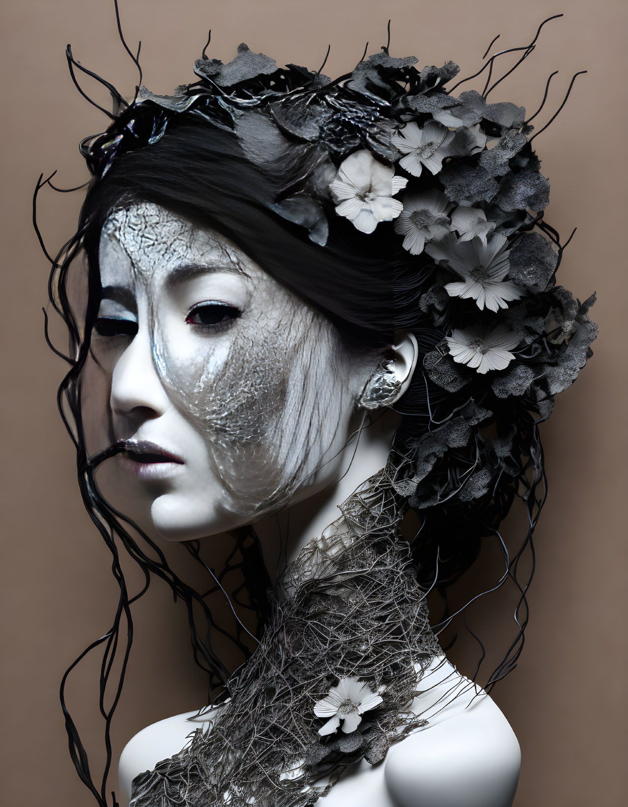 Woman with artistic makeup and dark floral headpiece for fantasy look