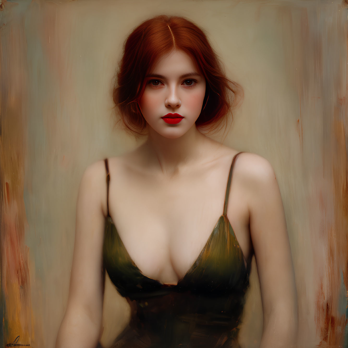 Portrait of Woman with Auburn Hair and Red Lips in Green Slip Dress