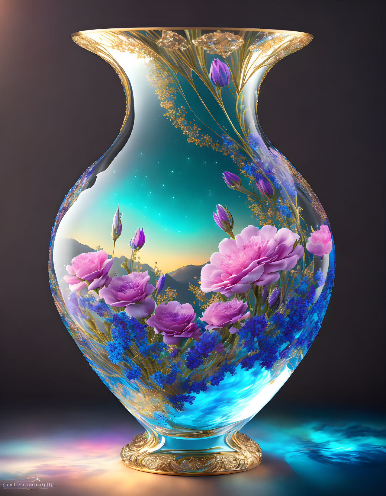 Reflective ornate vase with purple flowers, golden branches, and starry sky in soft glow