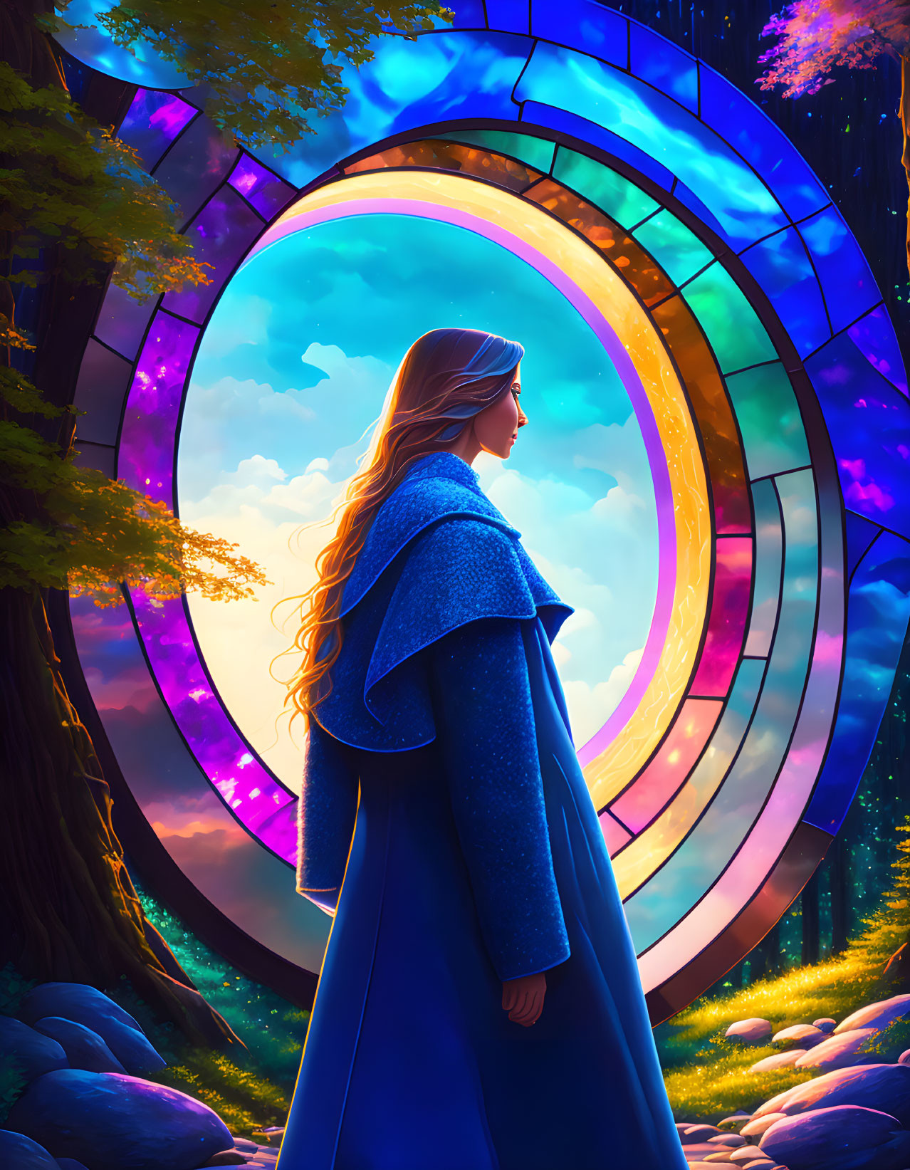 Woman in Blue Cloak Stands by Glowing Portal in Mystical Forest