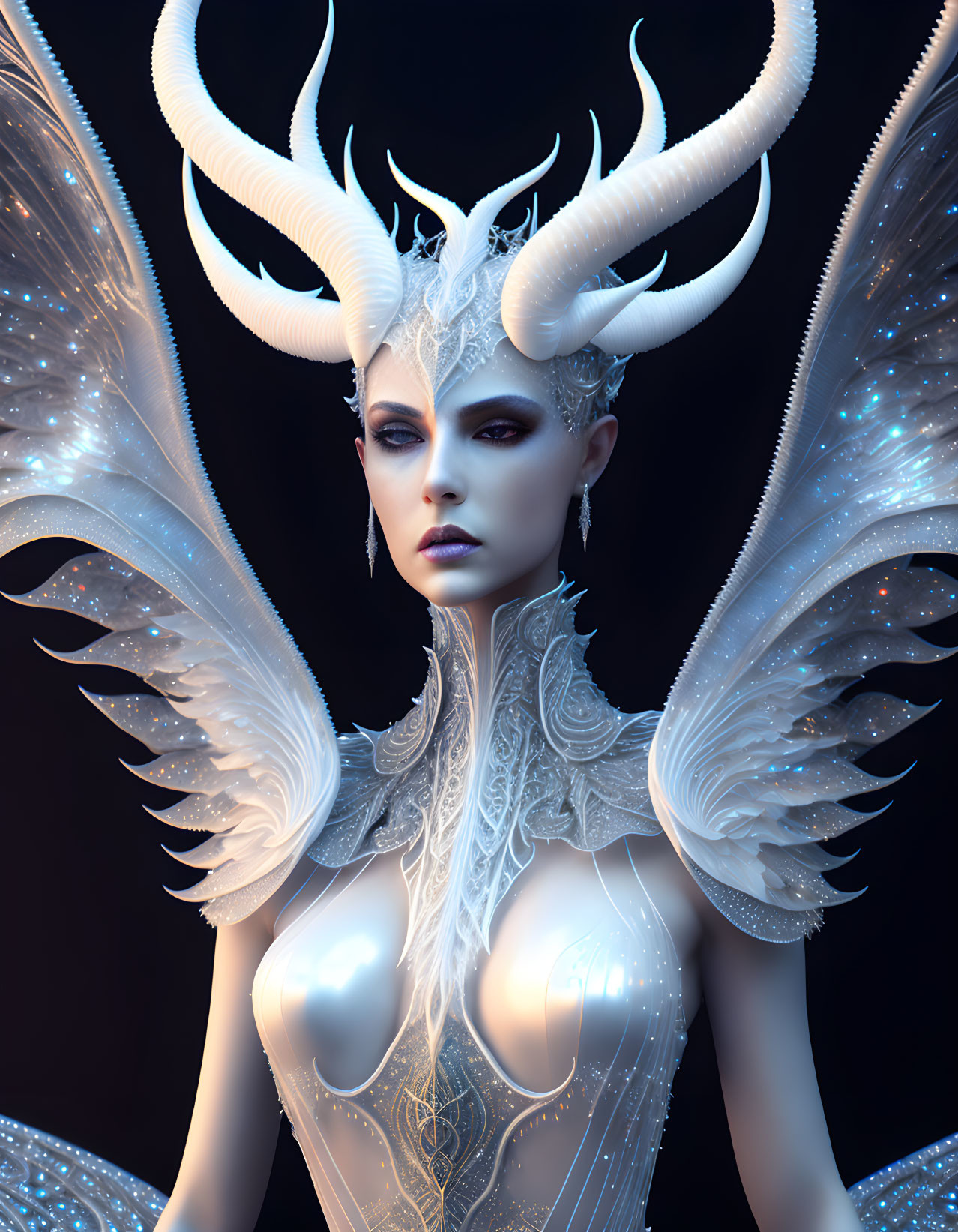 Majestic female figure with horns and winged armor in fantasy art