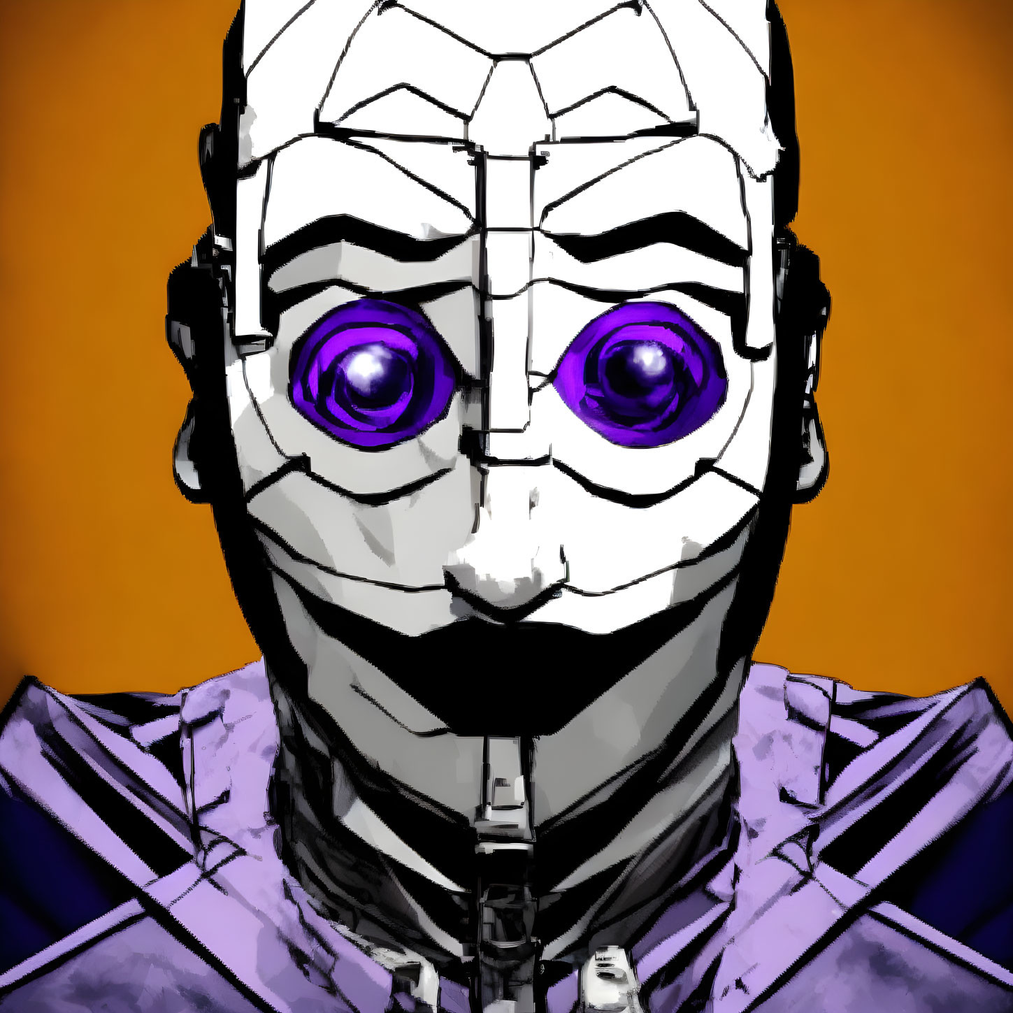 Humanoid Robot Face with Glowing Purple Eyes on Orange Background