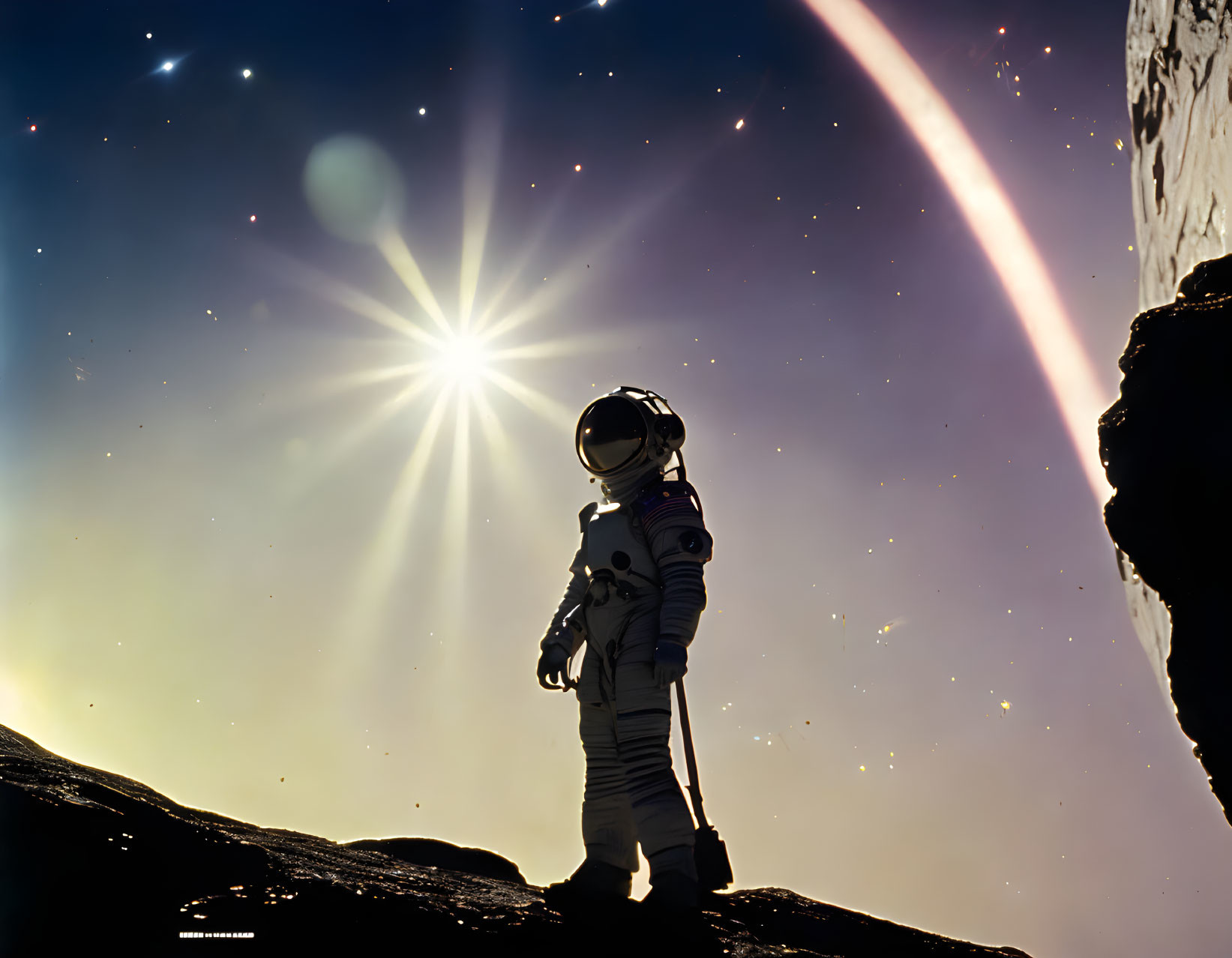 Astronaut on rocky surface with star, cosmic rays, and celestial bodies