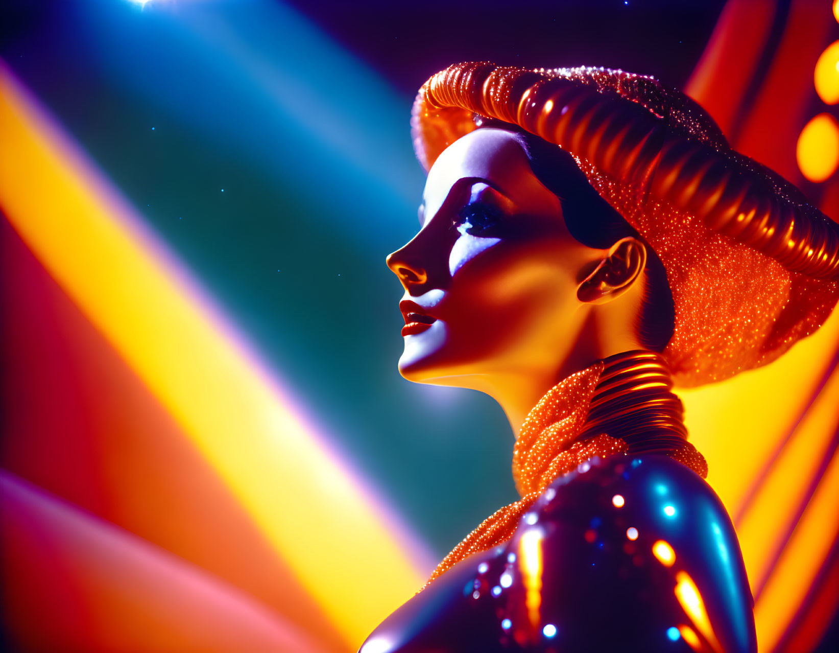 Colorful Side Profile Portrait with Shimmering Skin and Futuristic Attire