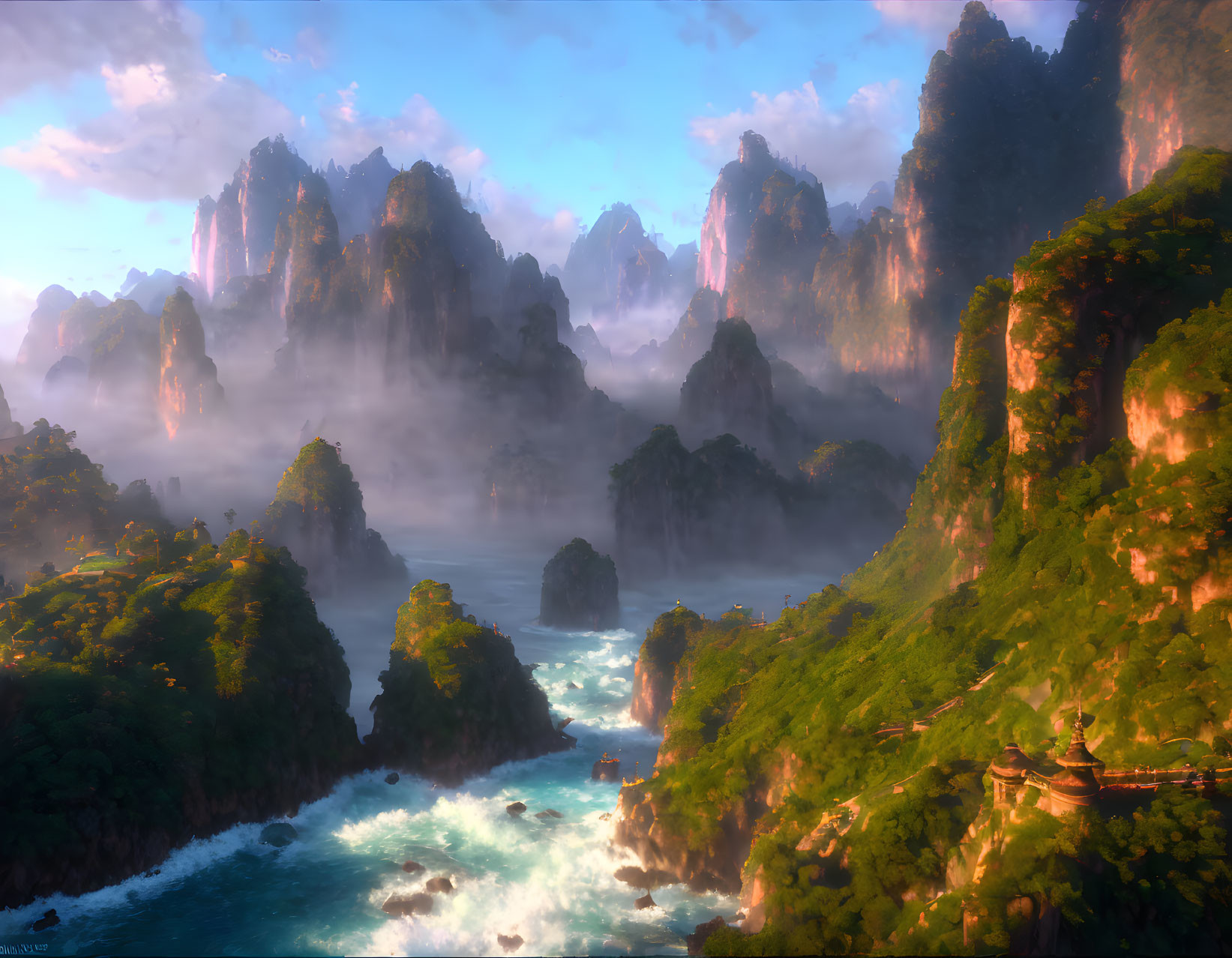 Misty river landscape with rugged cliffs at sunrise