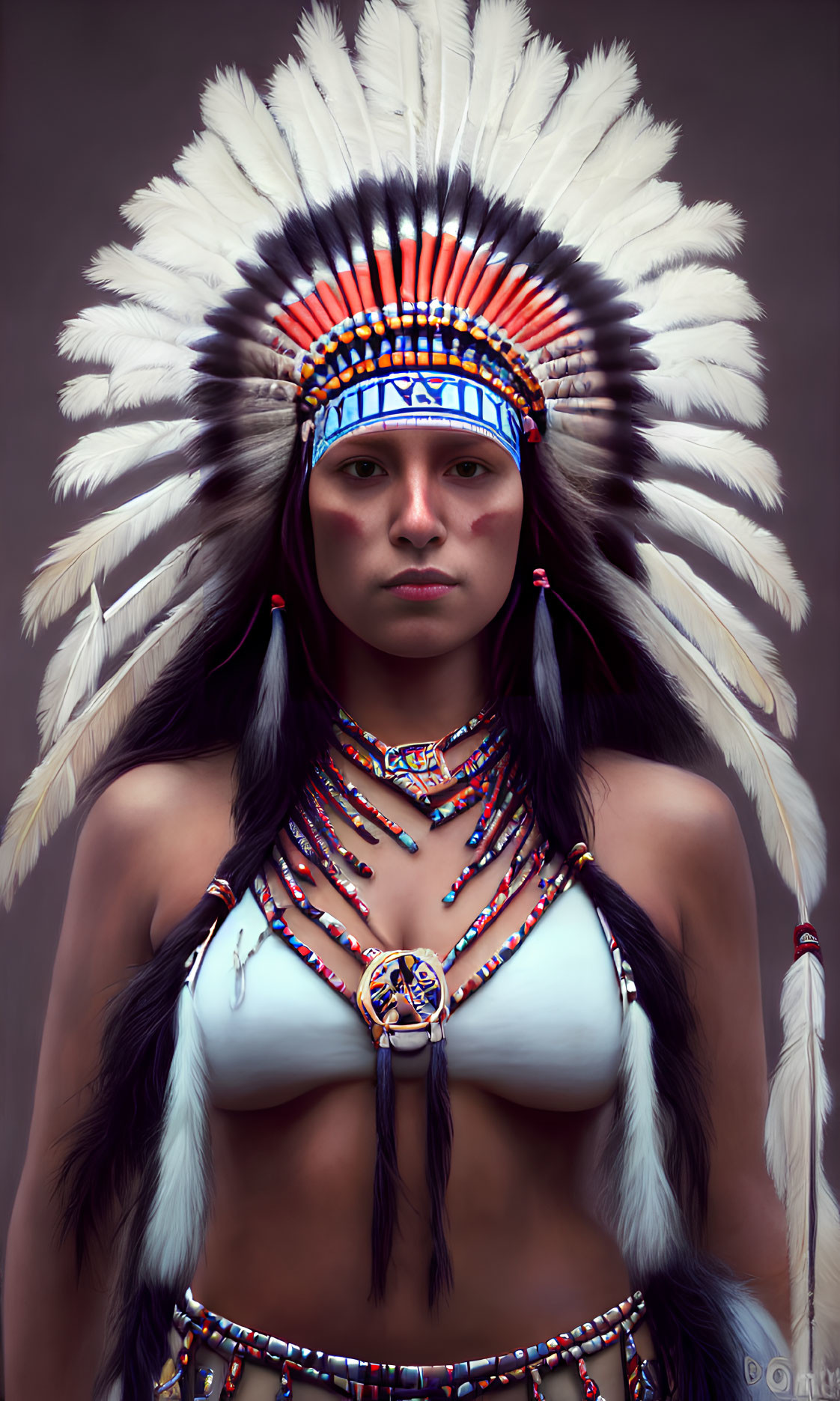 Native American woman in traditional attire with headdress and necklaces on grey background