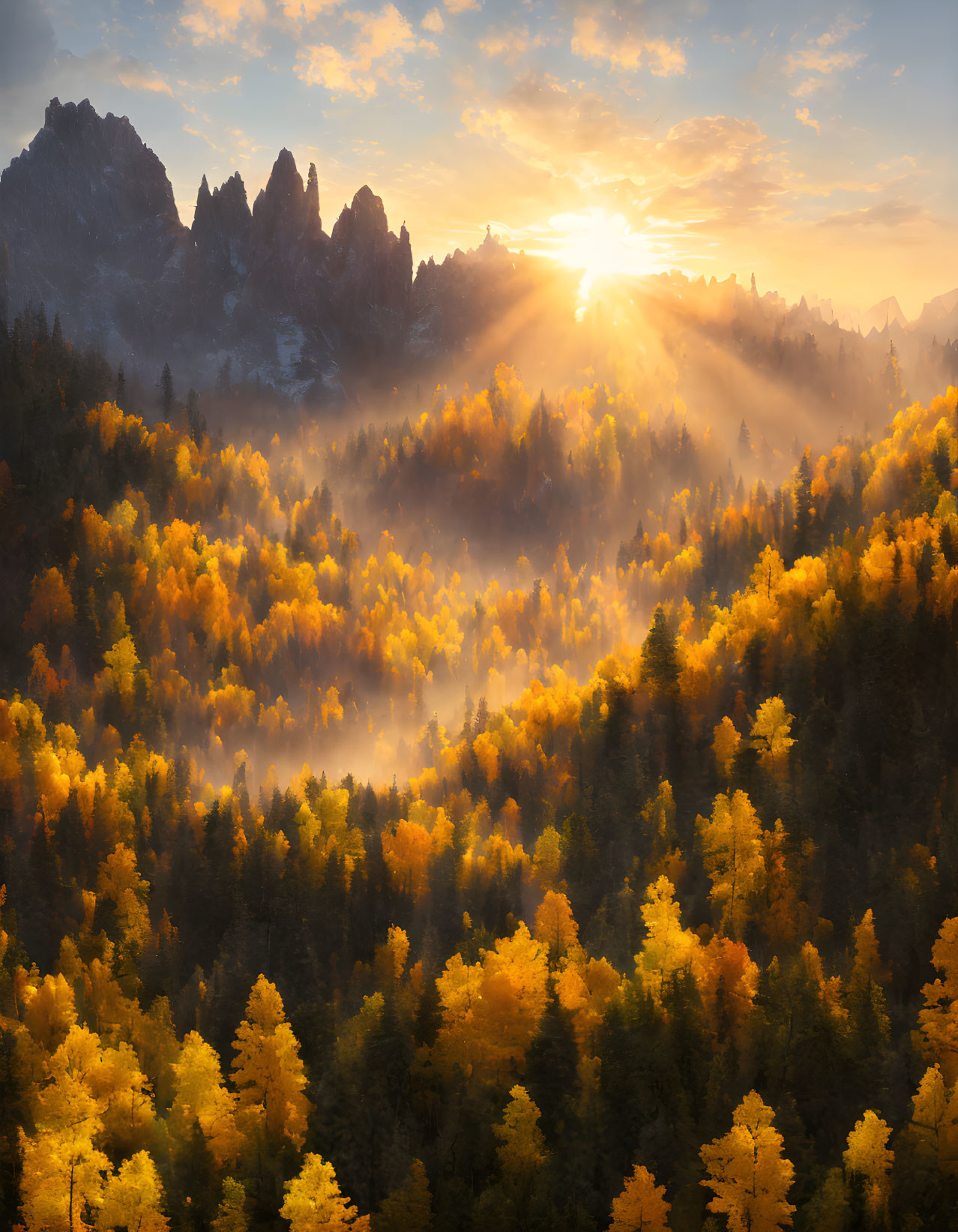 Majestic sunrise over misty autumn forest and rugged mountain