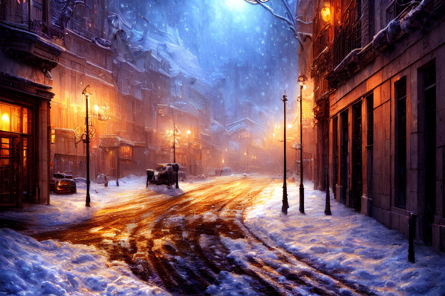 Snowy Twilight Cobblestone Street with Old Buildings and Street Lamps