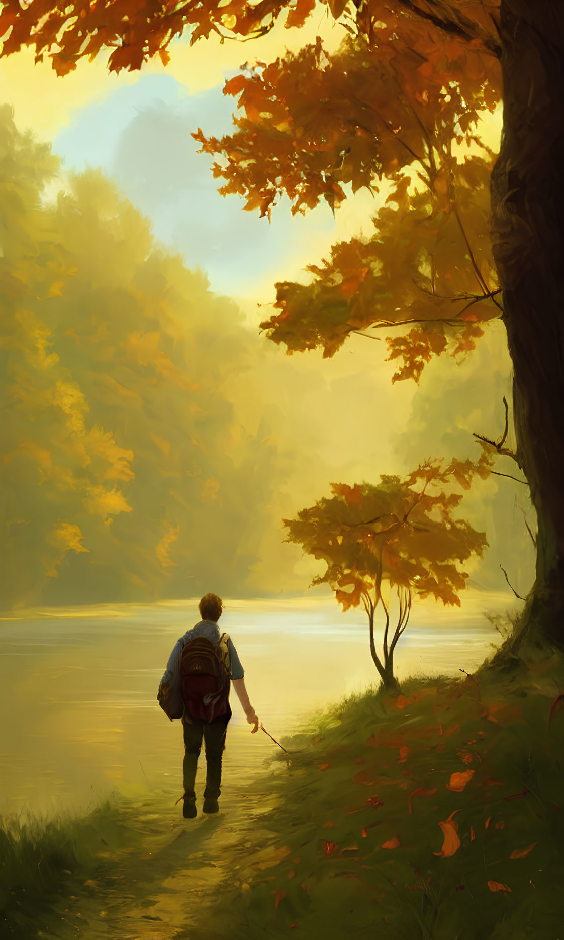 Person walking by lake surrounded by autumn trees with warm light