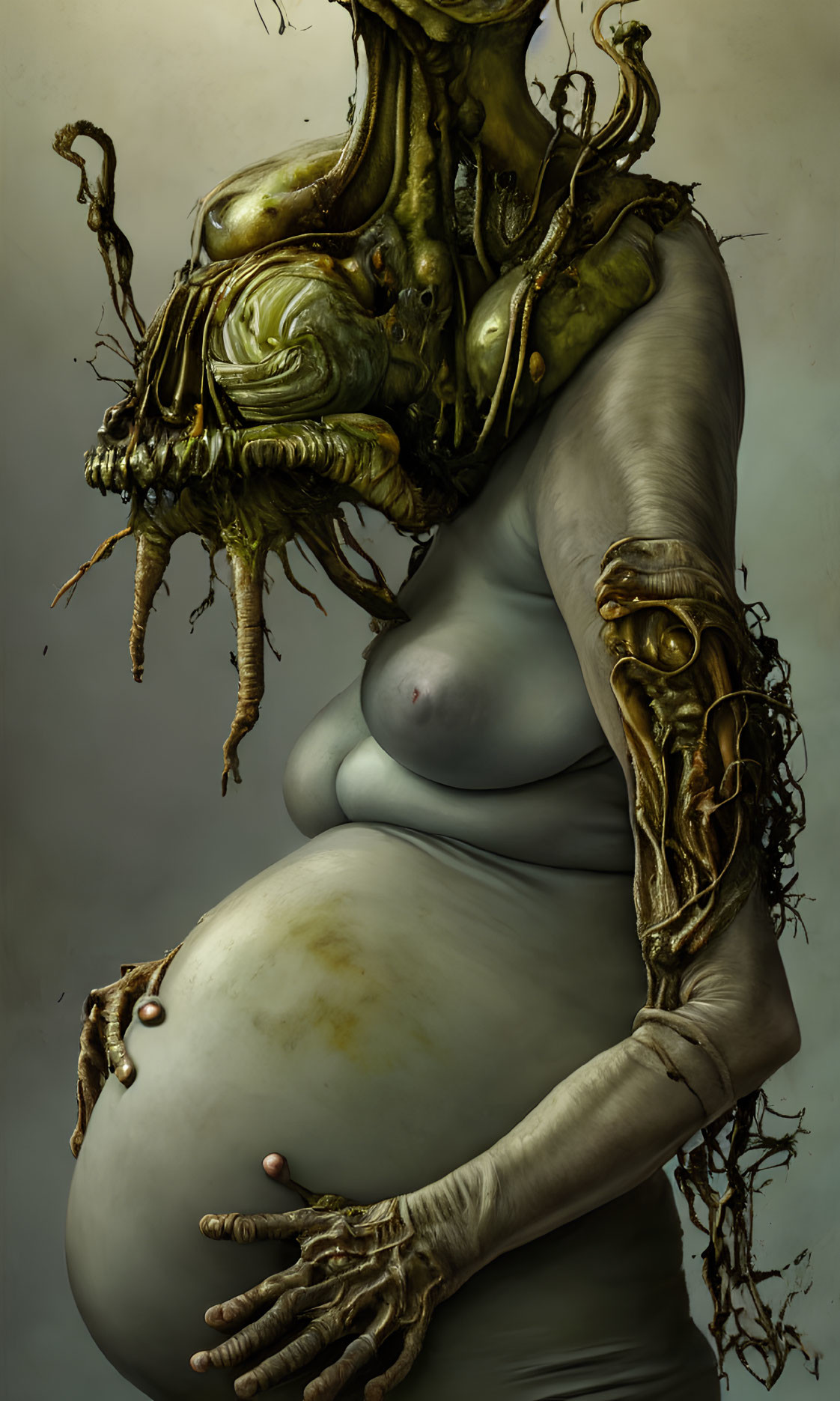 Human-like figure with tentacle appendages and alien head, holding swollen belly