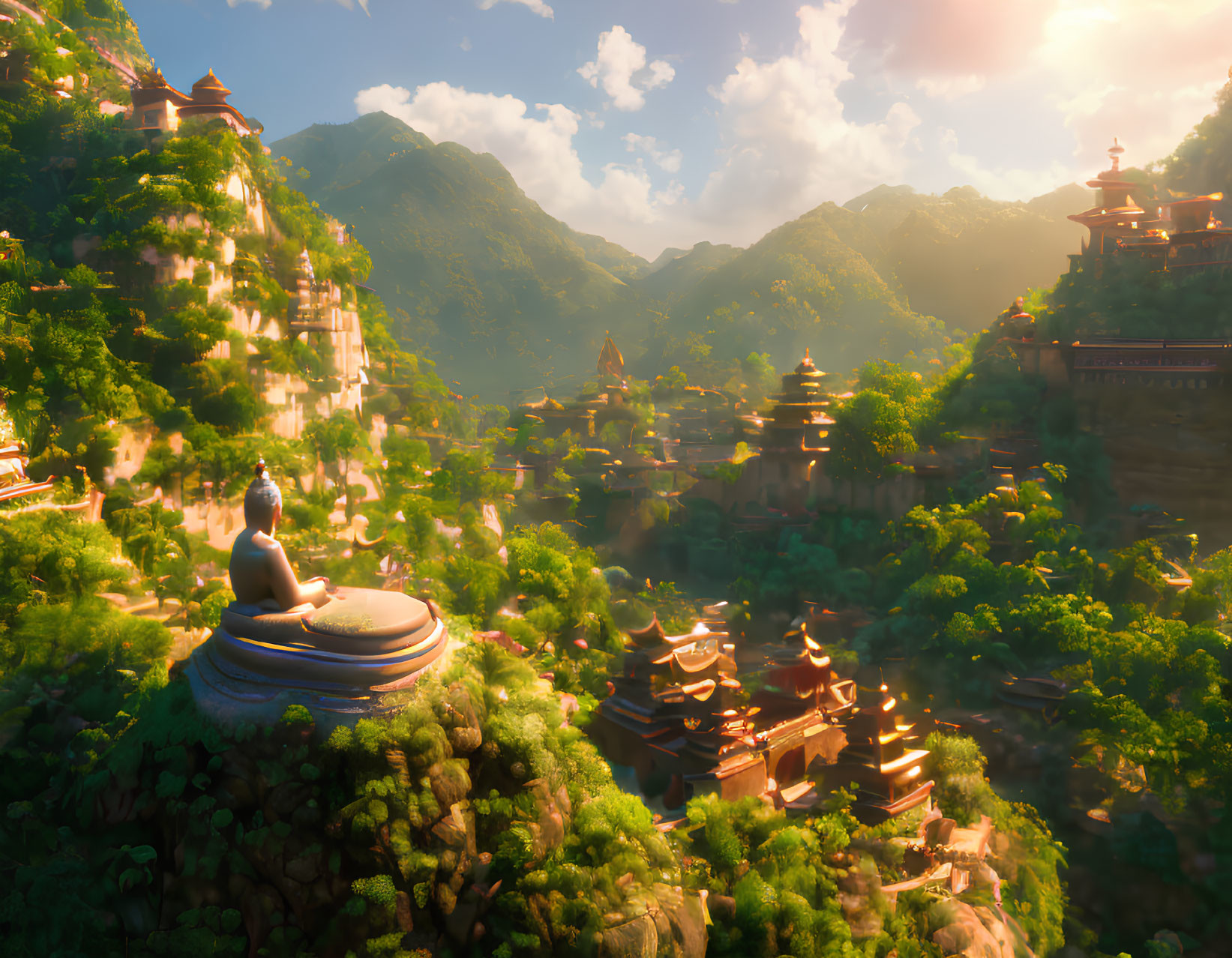 Asian-style temples in serene landscape with mountains under glowing sun