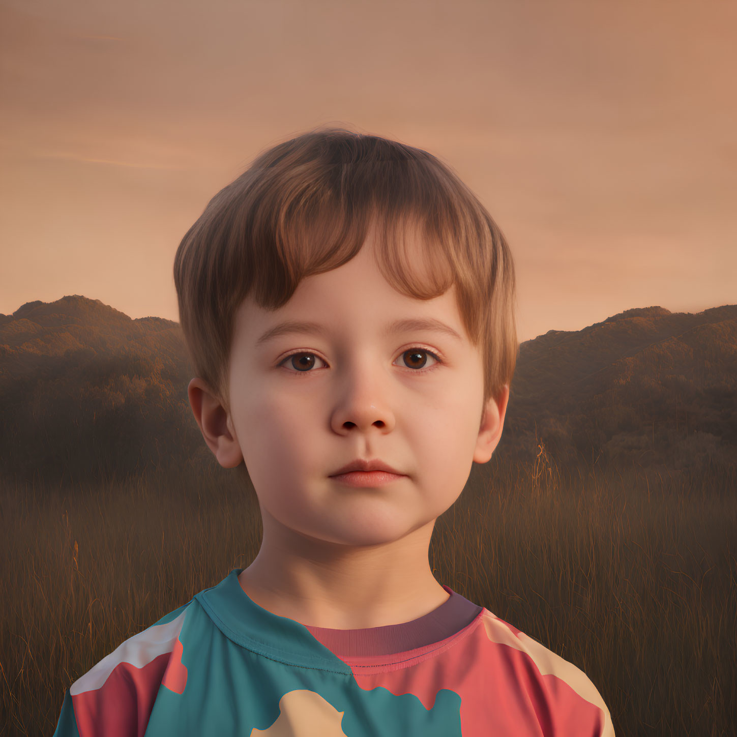 Contemplative child in colorful shirt against sunset backdrop