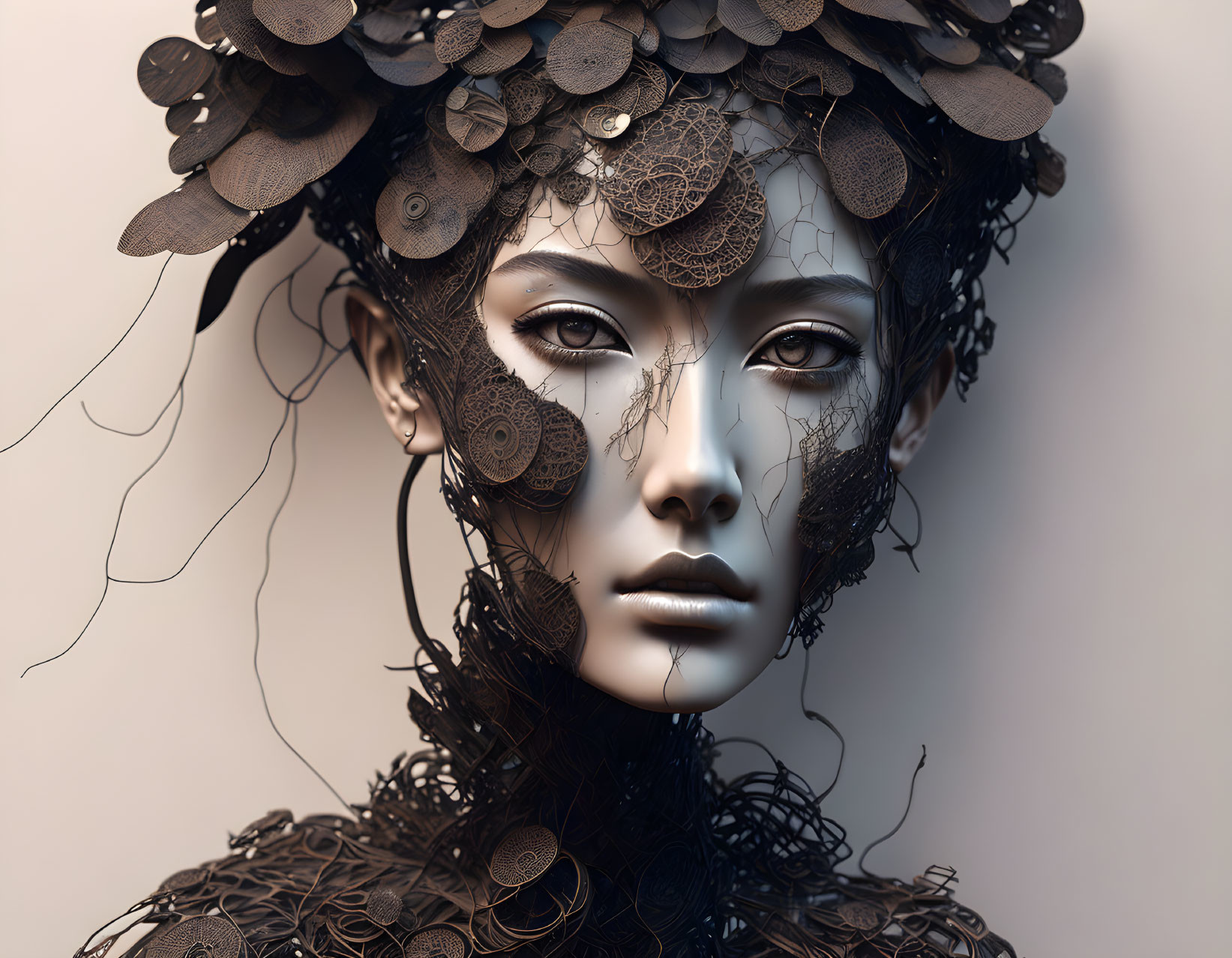 Metallic-skinned female figure with intricate lace headdress: 3D artistic rendering