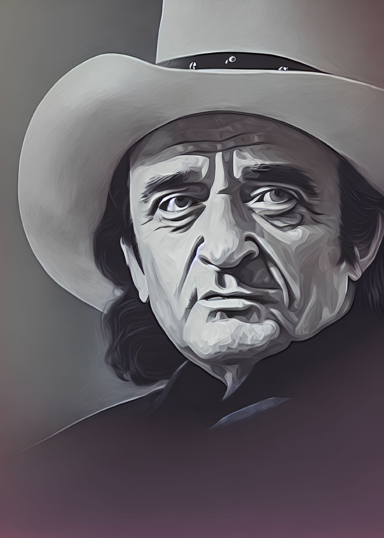 Man in white cowboy hat with solemn expression in digital artwork