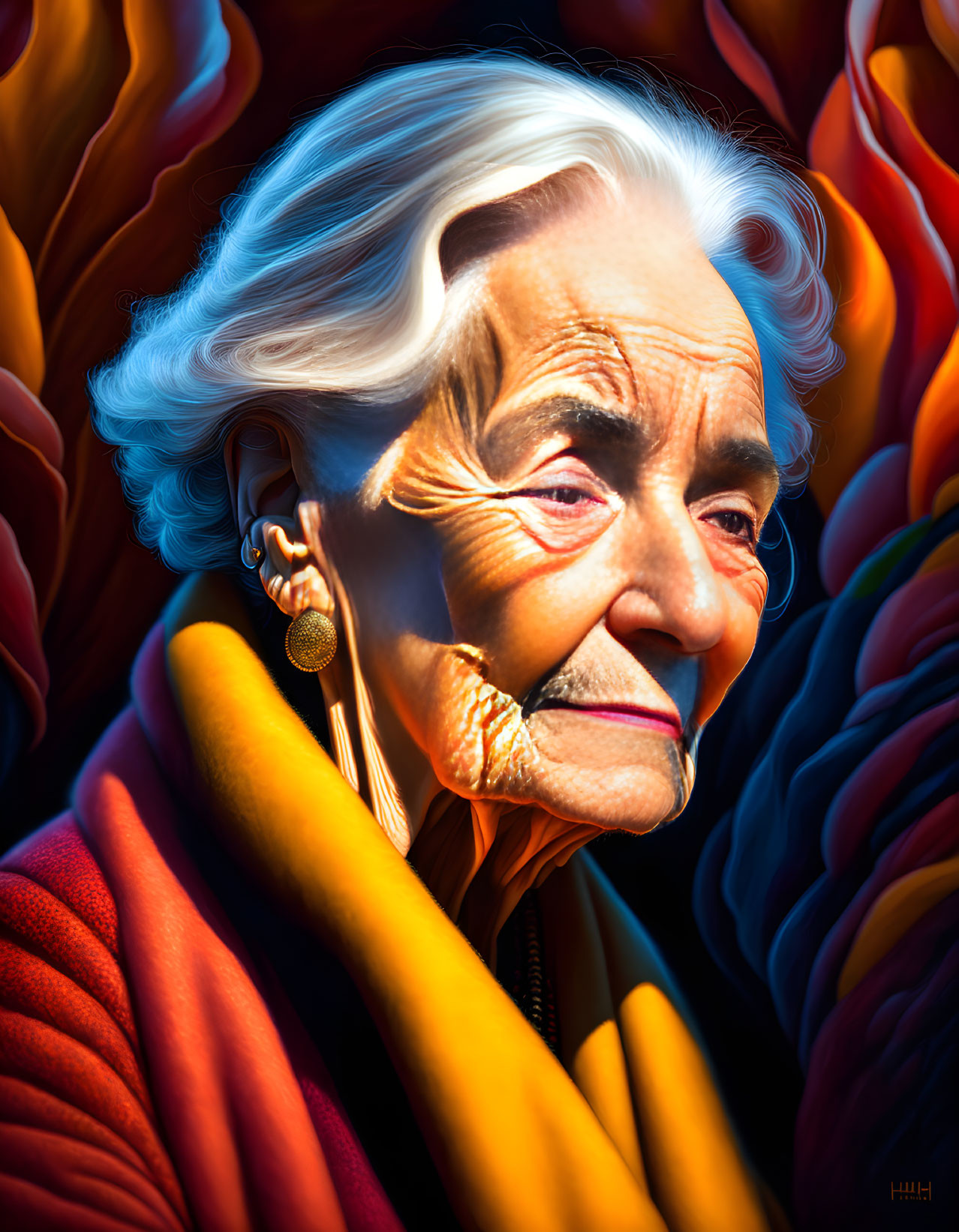 Elderly Lady with White Hair and Earring in Vibrant Colorful Setting