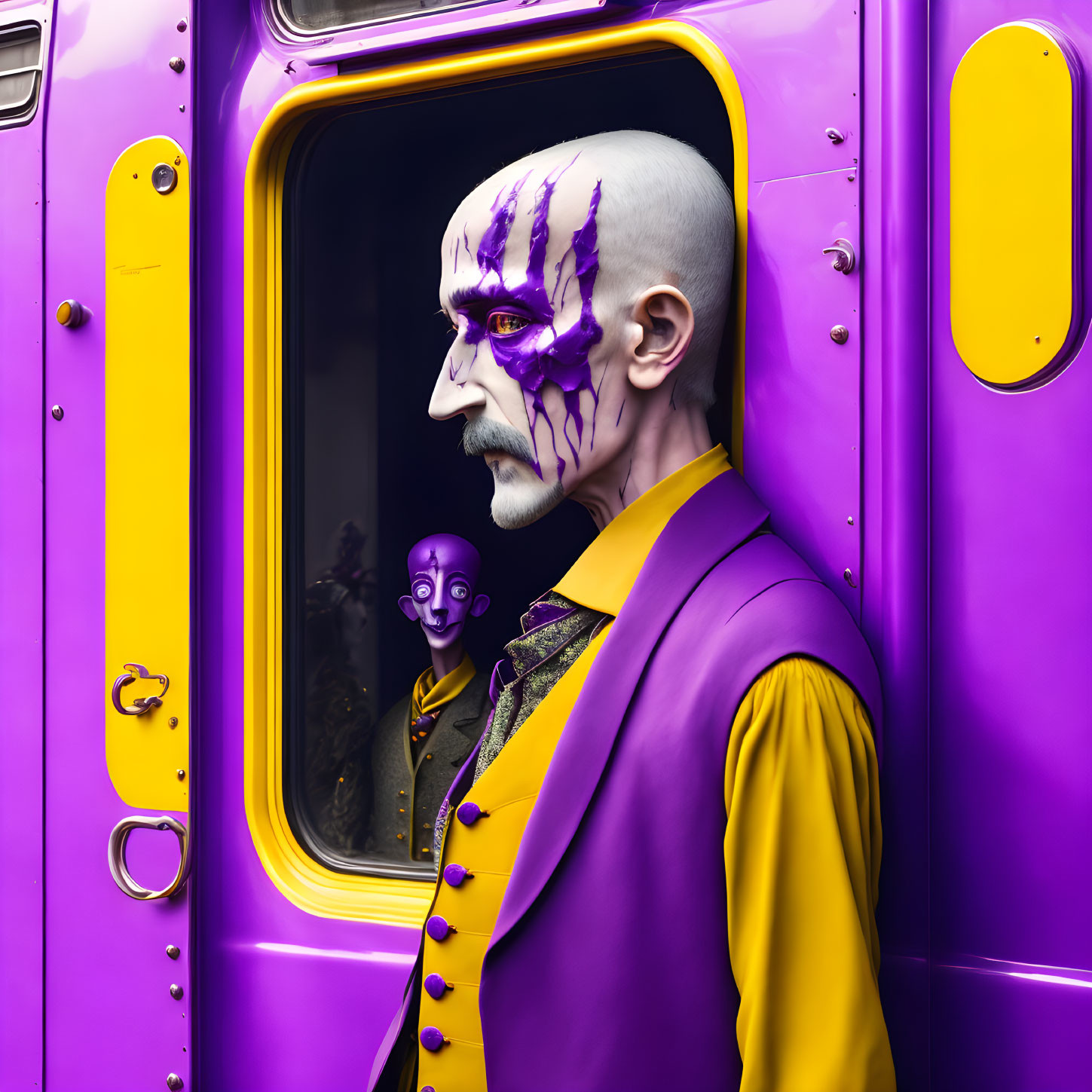 Skull-faced person in yellow suit by purple bus with mirrored makeup reflection