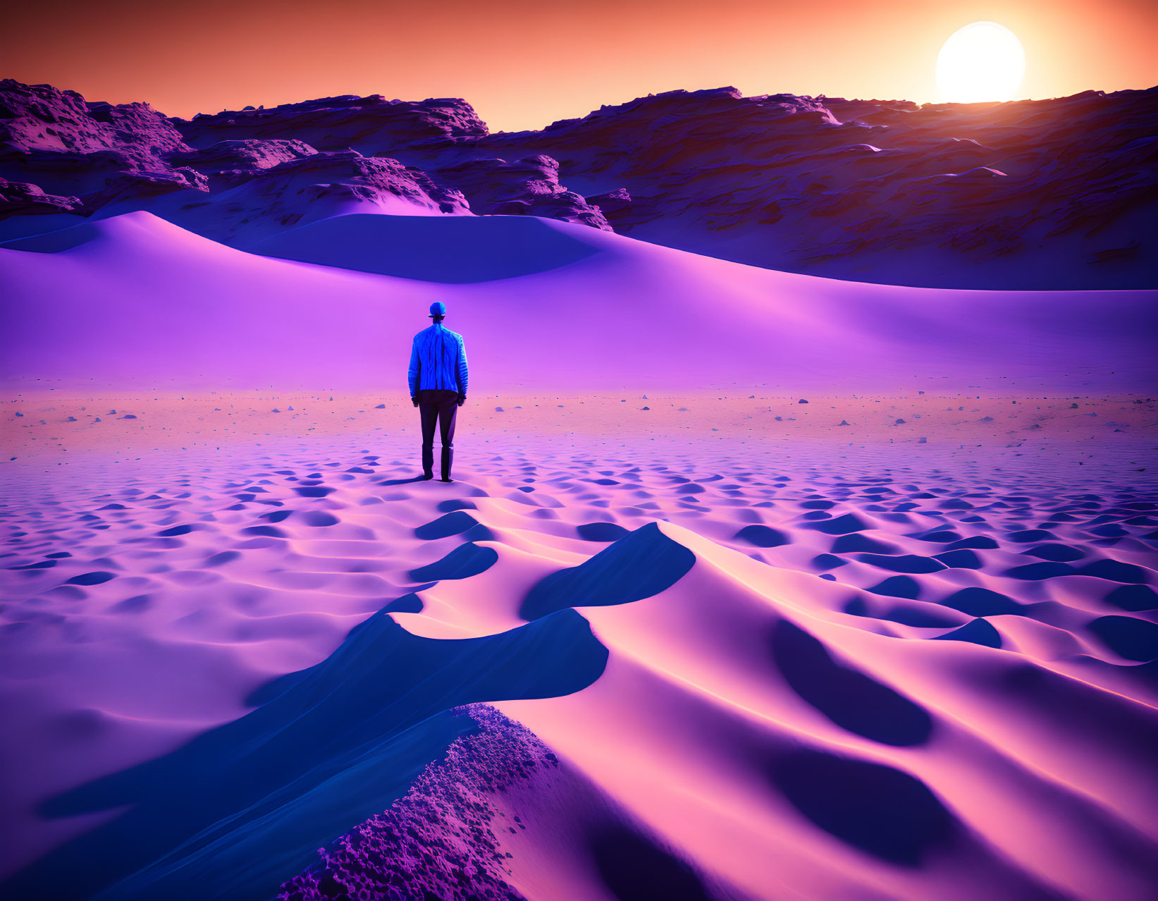 Solitary figure in purple desert at sunset or sunrise