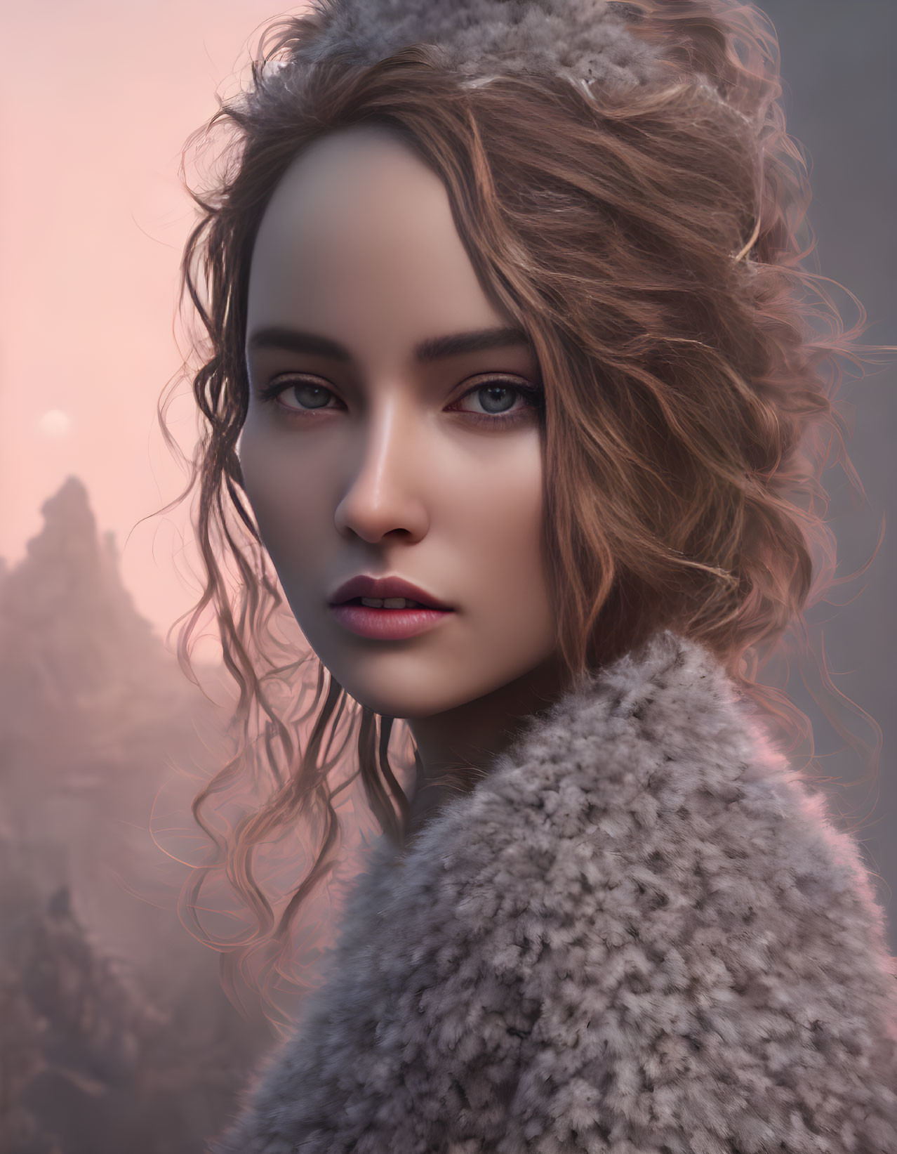 Woman with Wavy Hair and Fur Coat in Misty Mountainous Setting