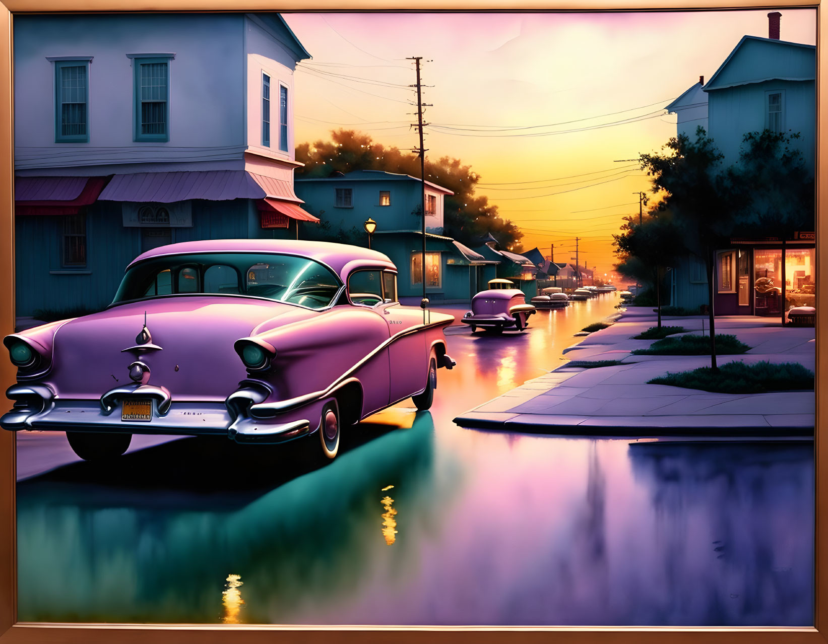 Vintage Car Parked at Sunset with Water Reflection and Quaint Houses