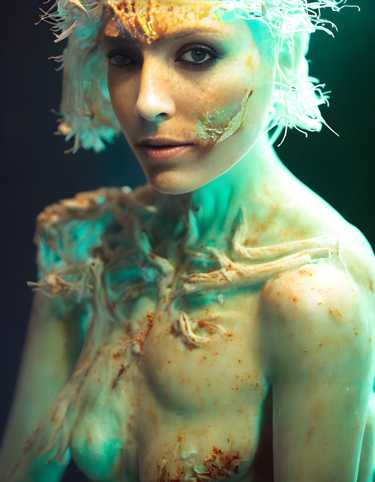 White and Gold Artistic Makeup on Person with Ethereal Look