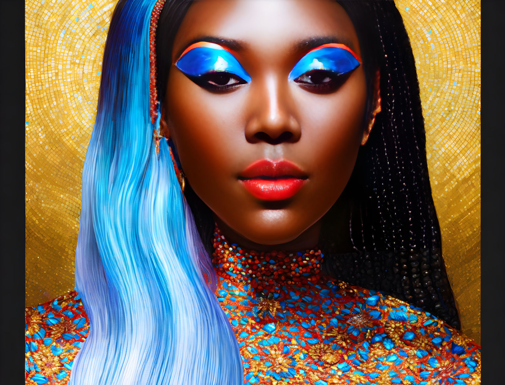 Striking blue eyeshadow and long blue hair on woman in vibrant blue and gold outfit against golden