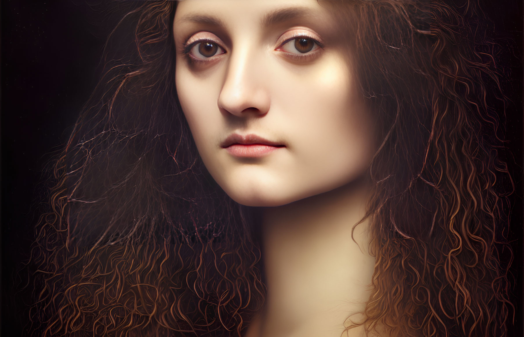 Portrait of woman with curly hair and brown eyes on dark background