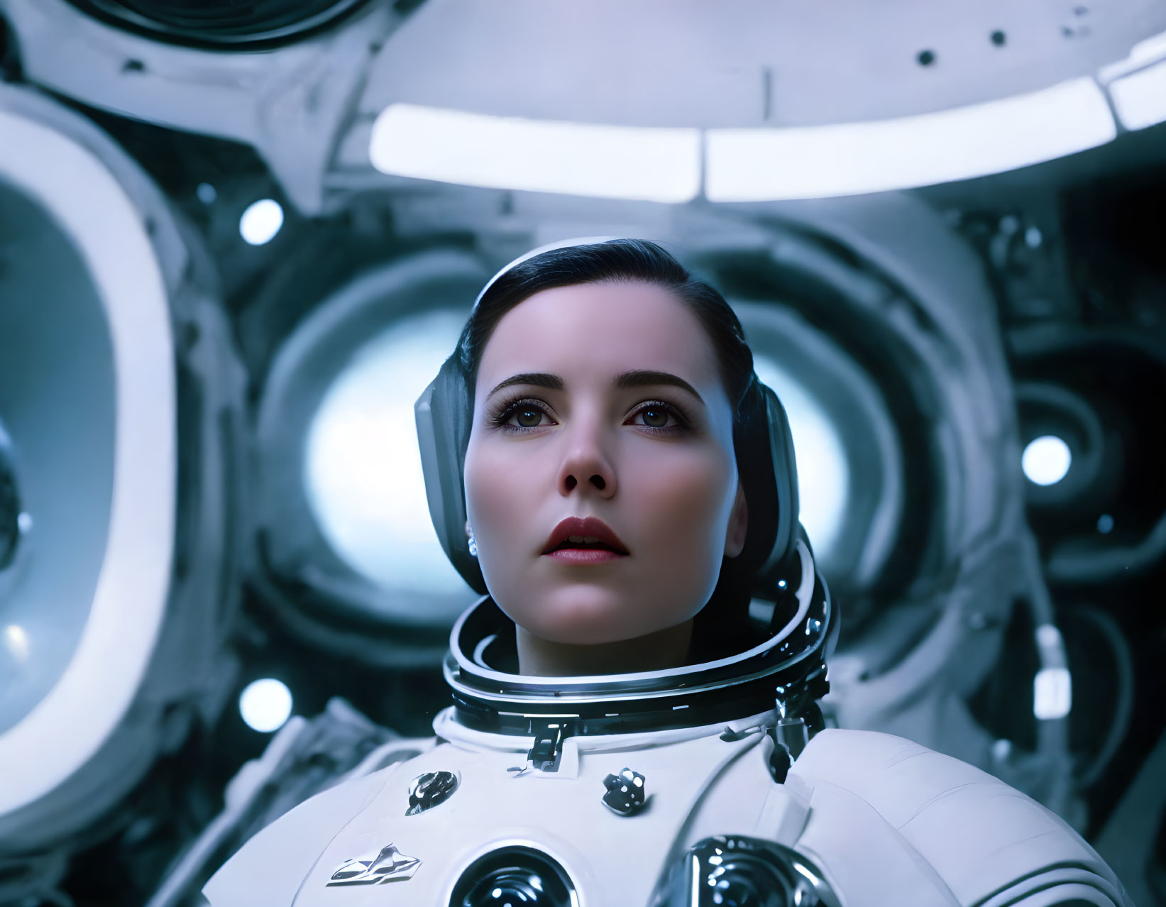 Female astronaut in white space suit gazes upward in spacecraft with circular windows