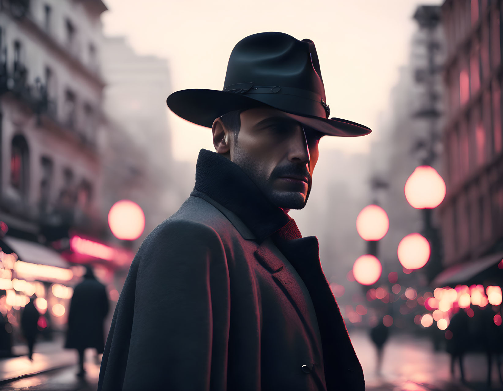 Man in Fedora and Coat on City Street at Dusk