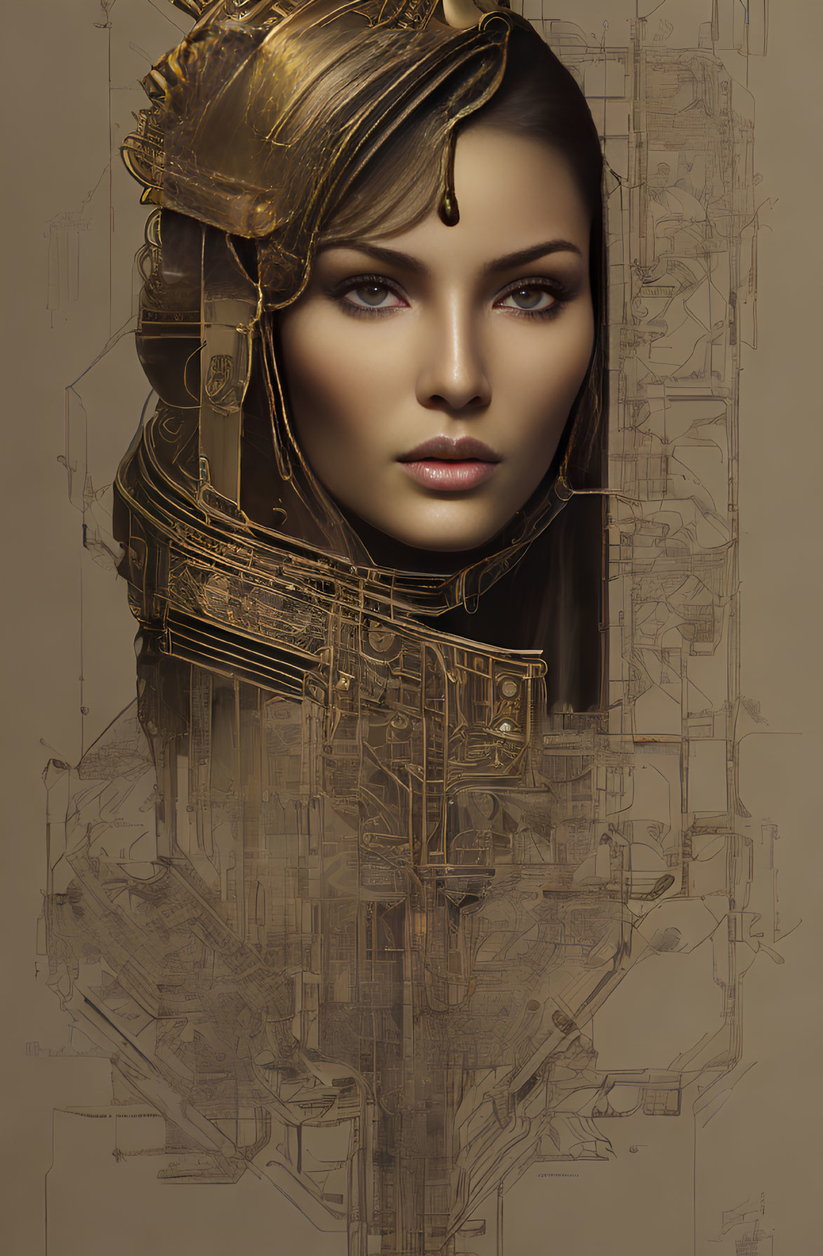 Digital artwork: Woman's portrait with golden mechanical elements on beige background