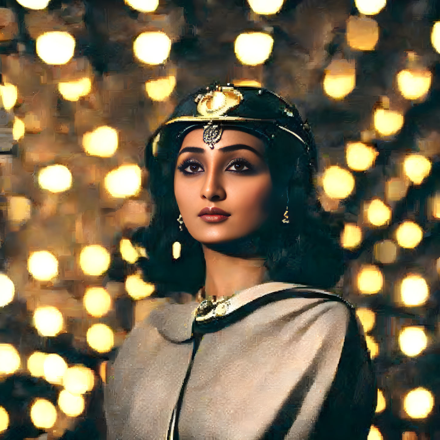 Traditional Attire Woman with Headpiece Against Bokeh Background