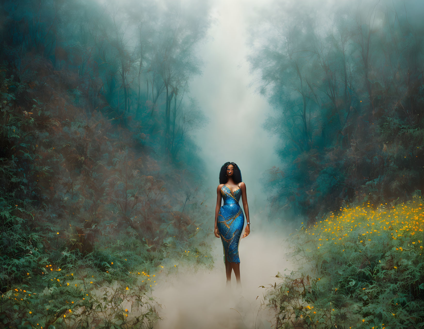 Woman in Blue Dress in Mystical Forest with Yellow Flowers