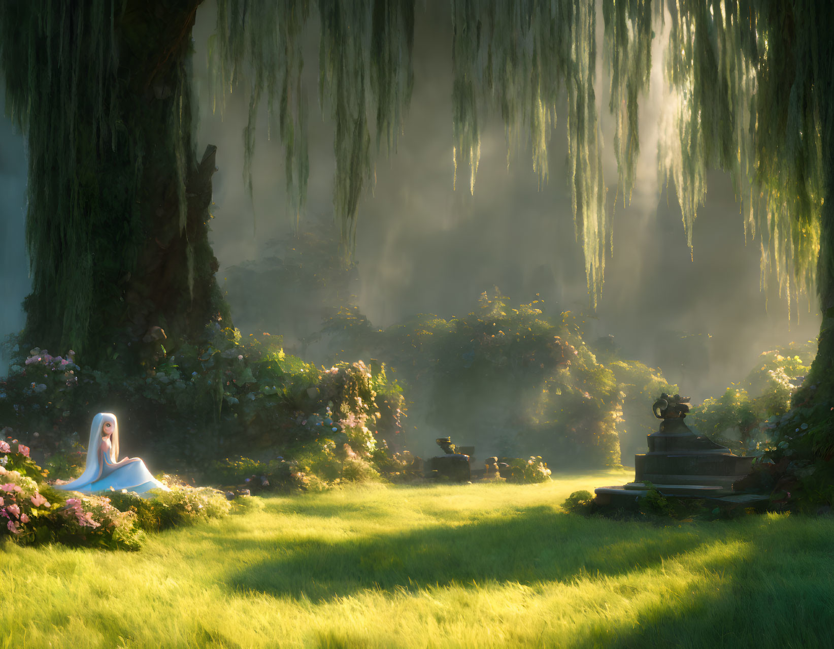 Mystical garden scene with figure in white cloak surrounded by lush greenery