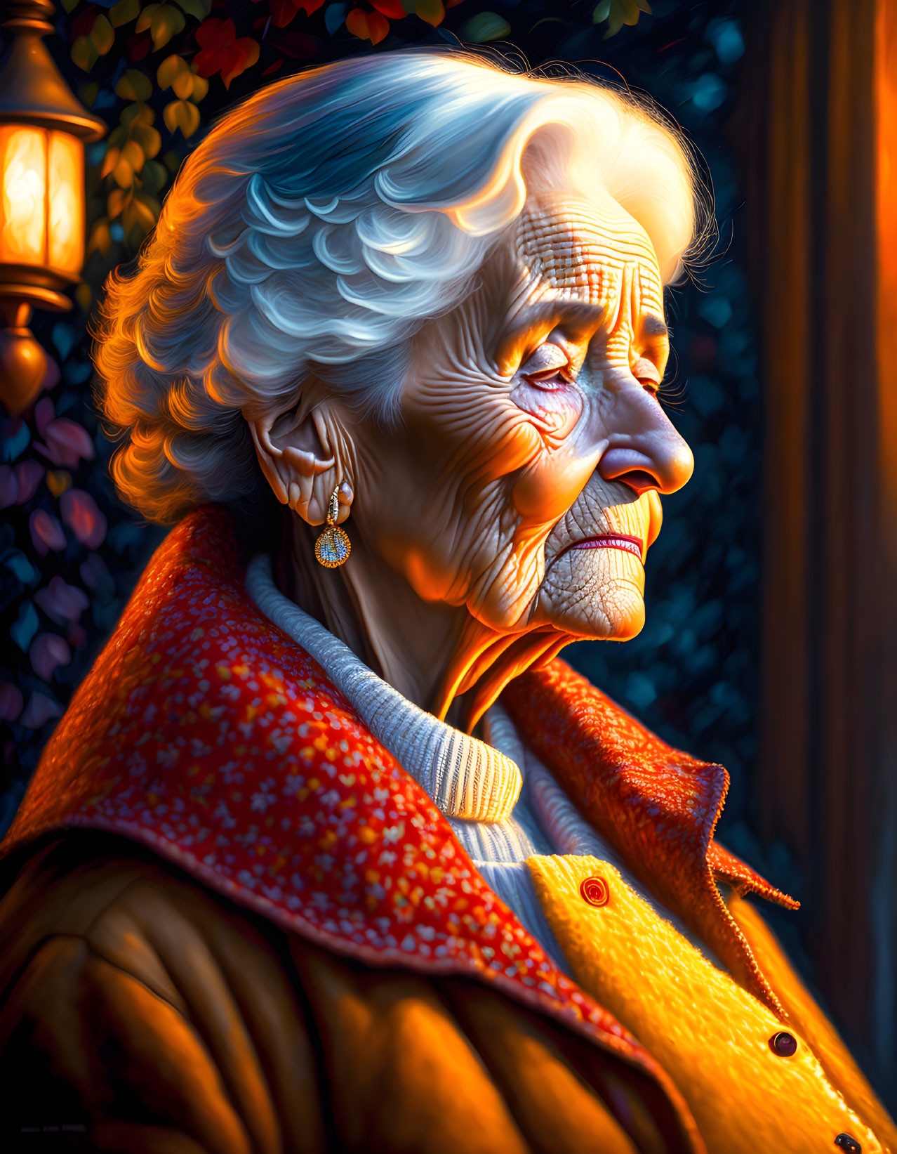 Serene elderly woman with gray hair in warm light against cool twilight blues