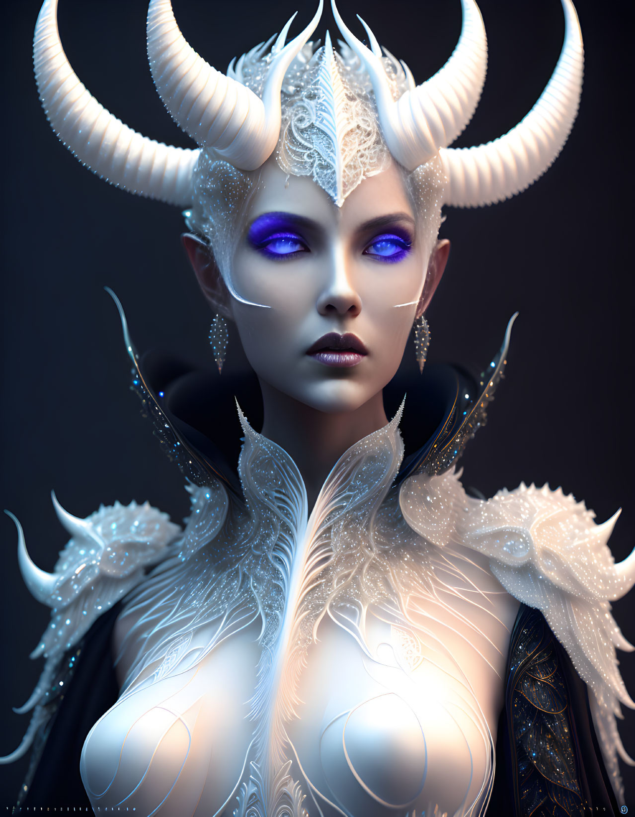 Fantasy portrait of female figure with white horns, headdress, violet eyes, and ornate armor