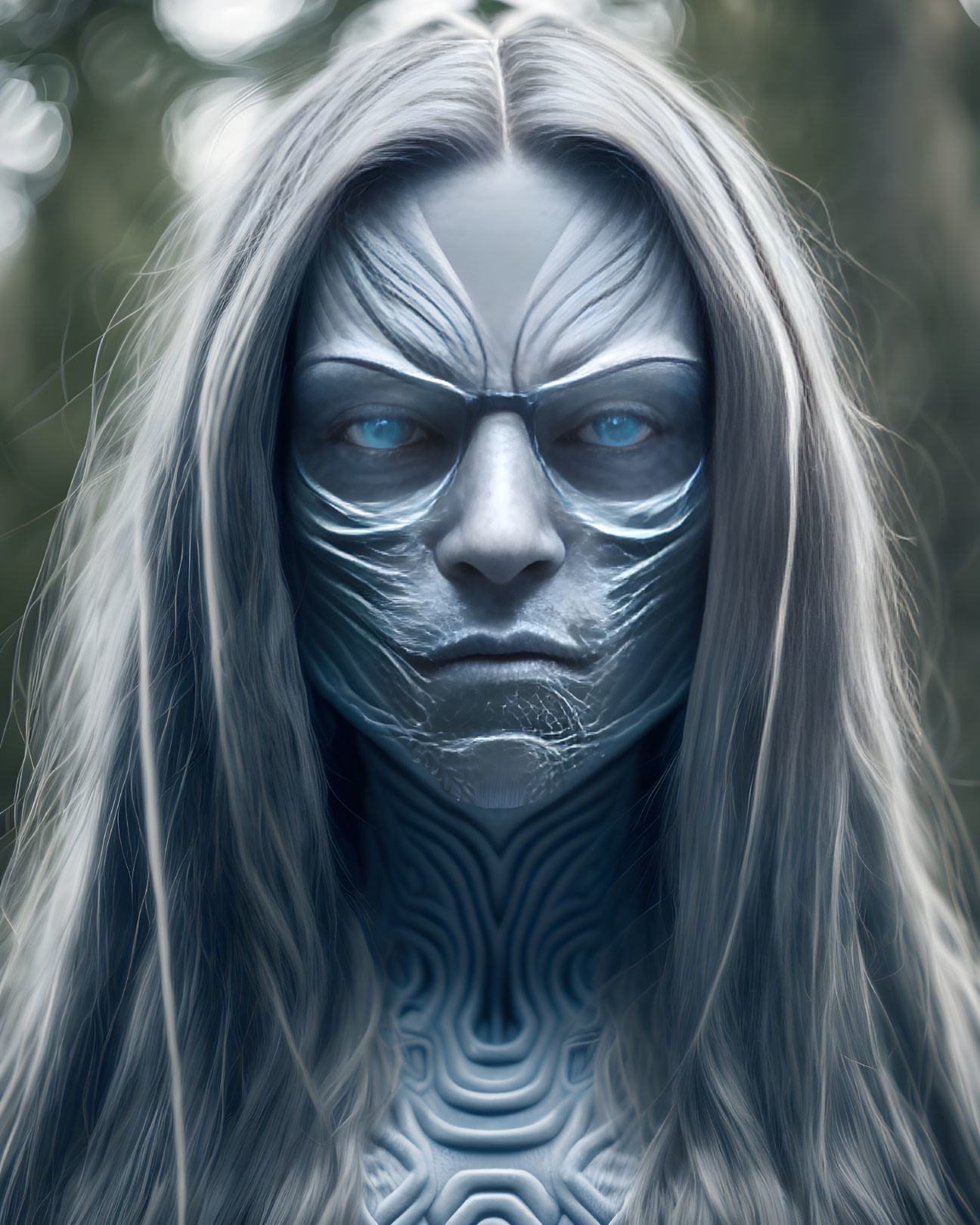 Blue-patterned humanoid with silver hair in natural setting