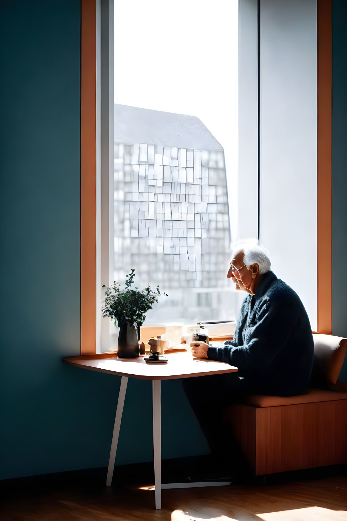 Senior person savoring coffee by city-view window with potted plant