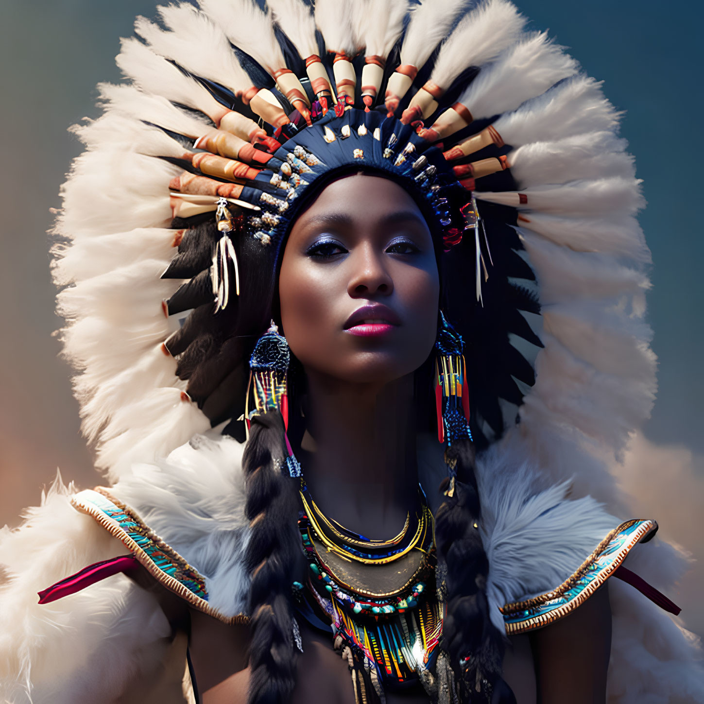 Woman in Native American headdress with feathers and tribal jewelry against twilight backdrop