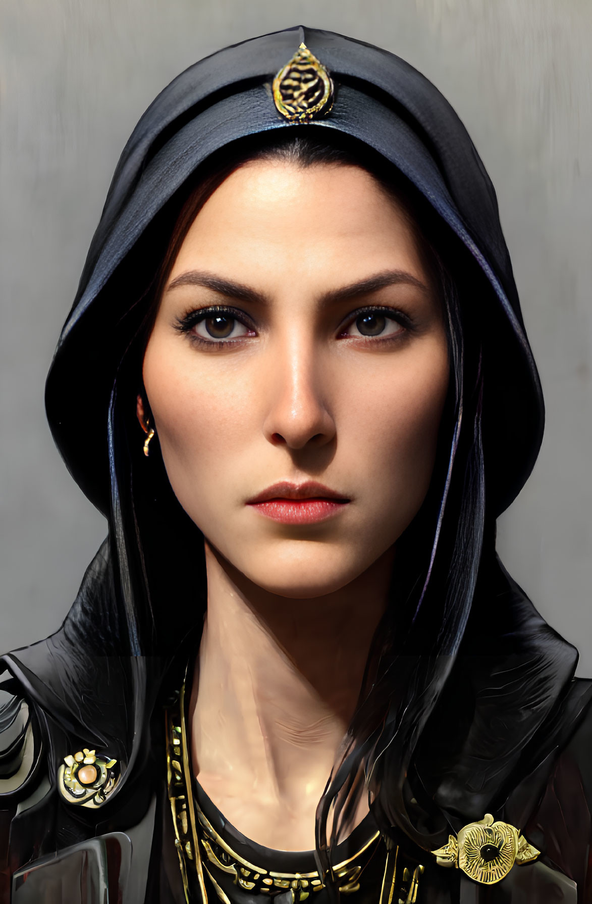 Digital portrait of woman in dark hood with gold emblem, uniform, and medals, exuding authority.