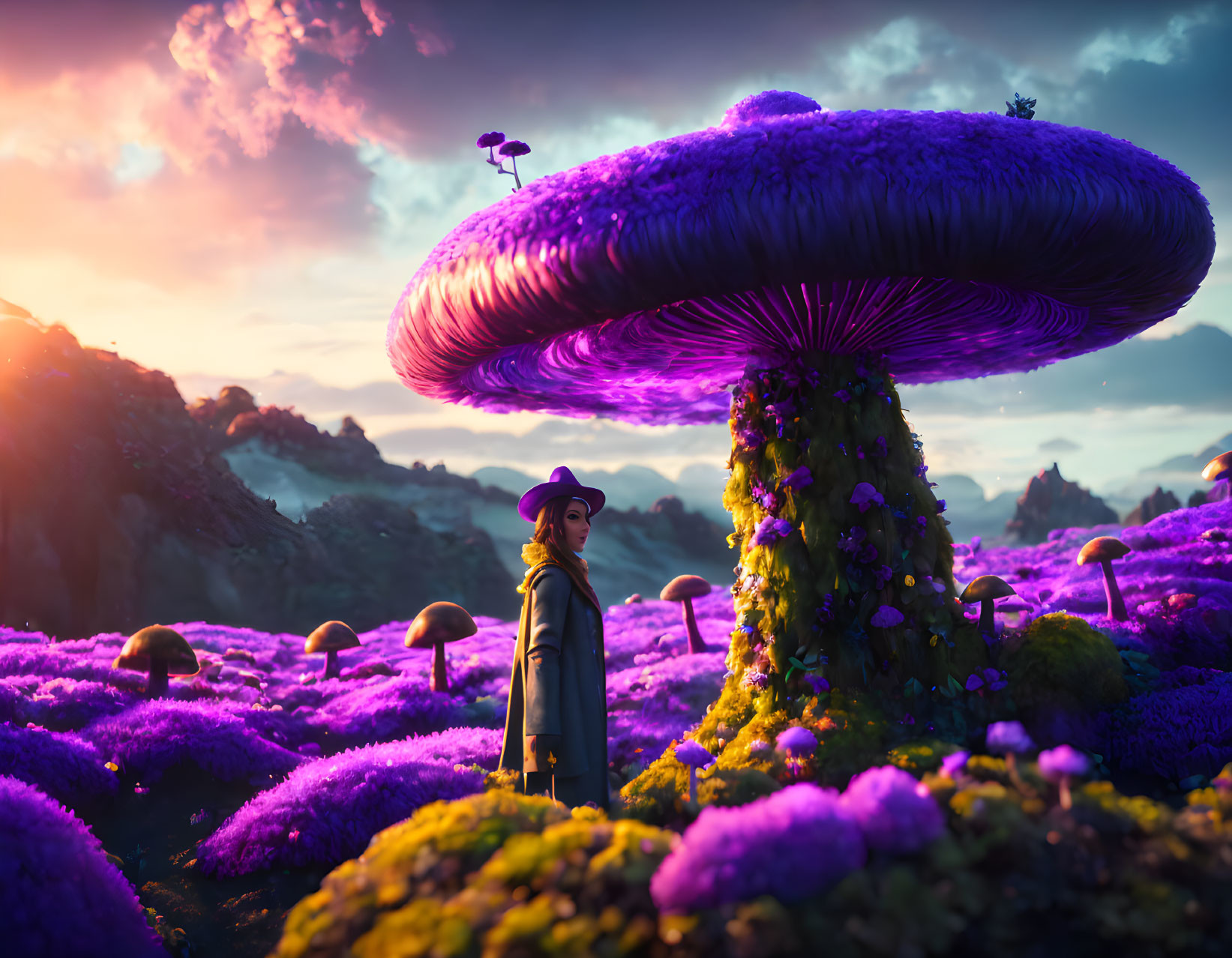 Purple Flora and Witch-Like Character in Whimsical Sunset Landscape